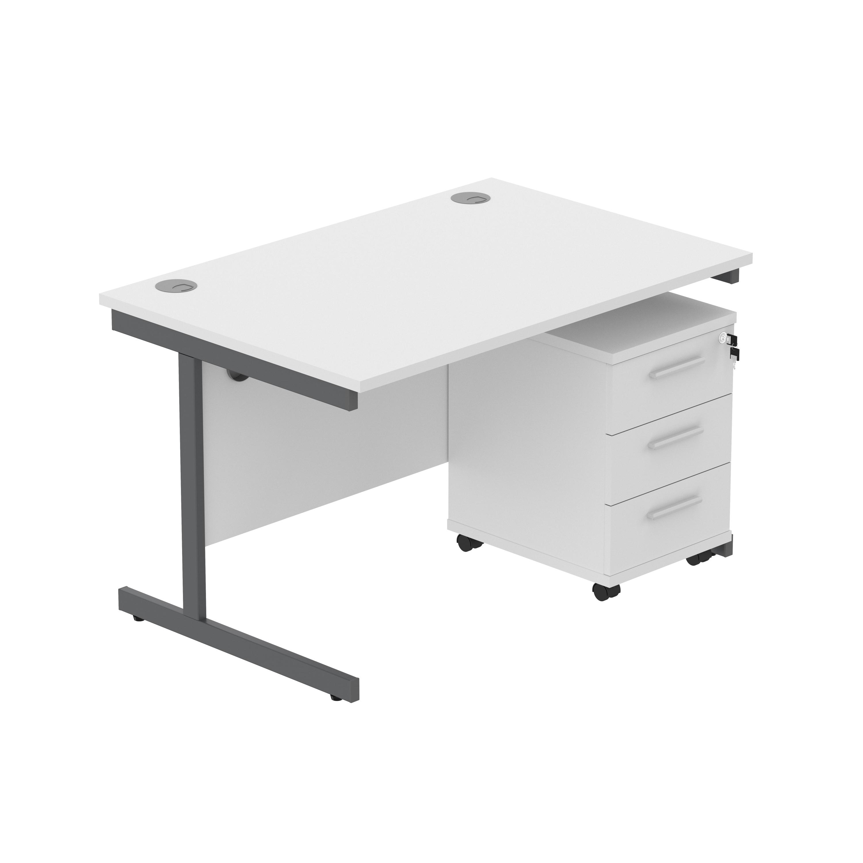 Single Upright Rectangular Desk + 3 Drawer Mobile Under Desk Pedestal (FSC) | 1200 X 800 | Arctic White/Graphite