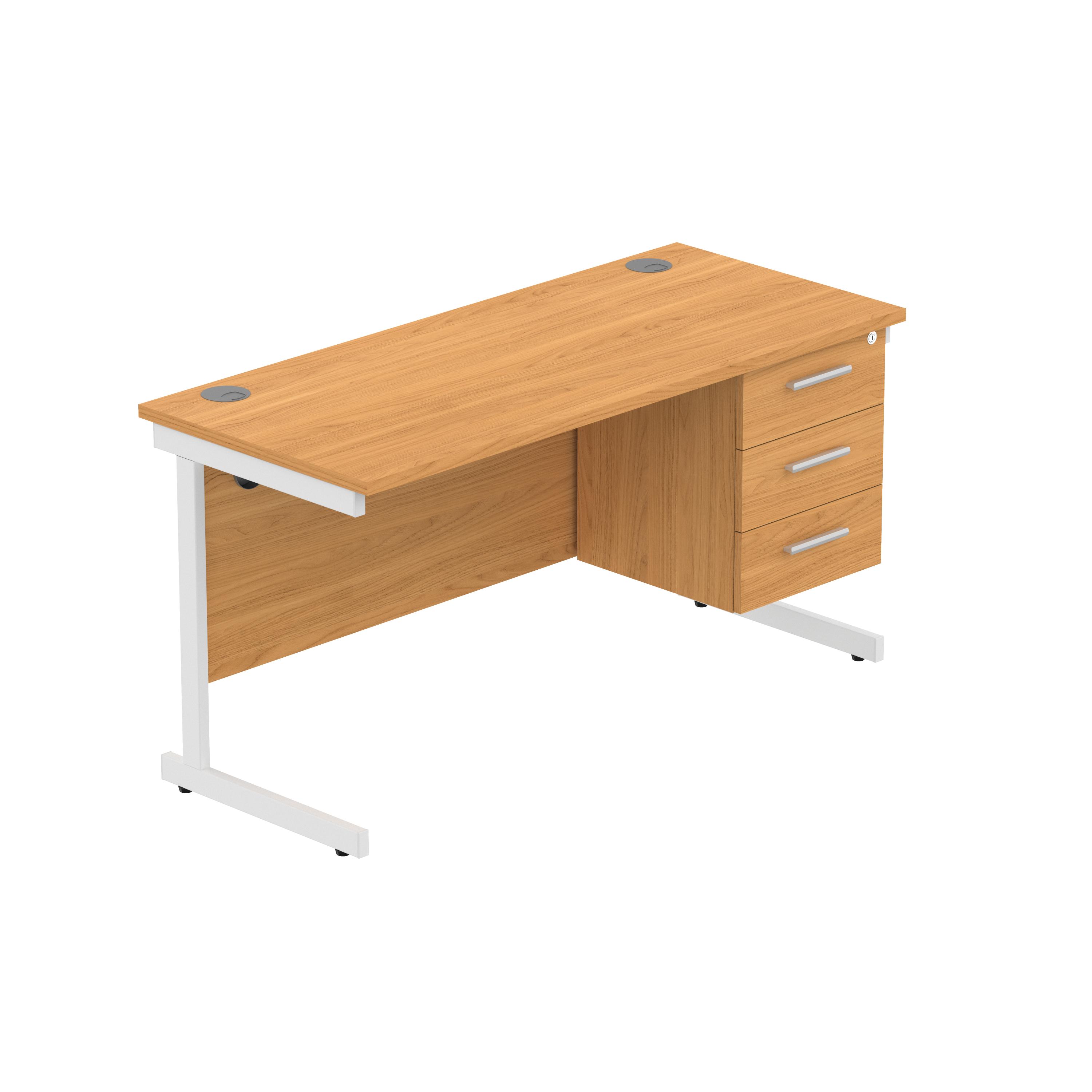 Office Rectangular Desk with Steel Single Upright Cantilever Legs + 3 Drawer Fixed Pedestal (FSC) | 1400X600 | Norwegian Beech/White