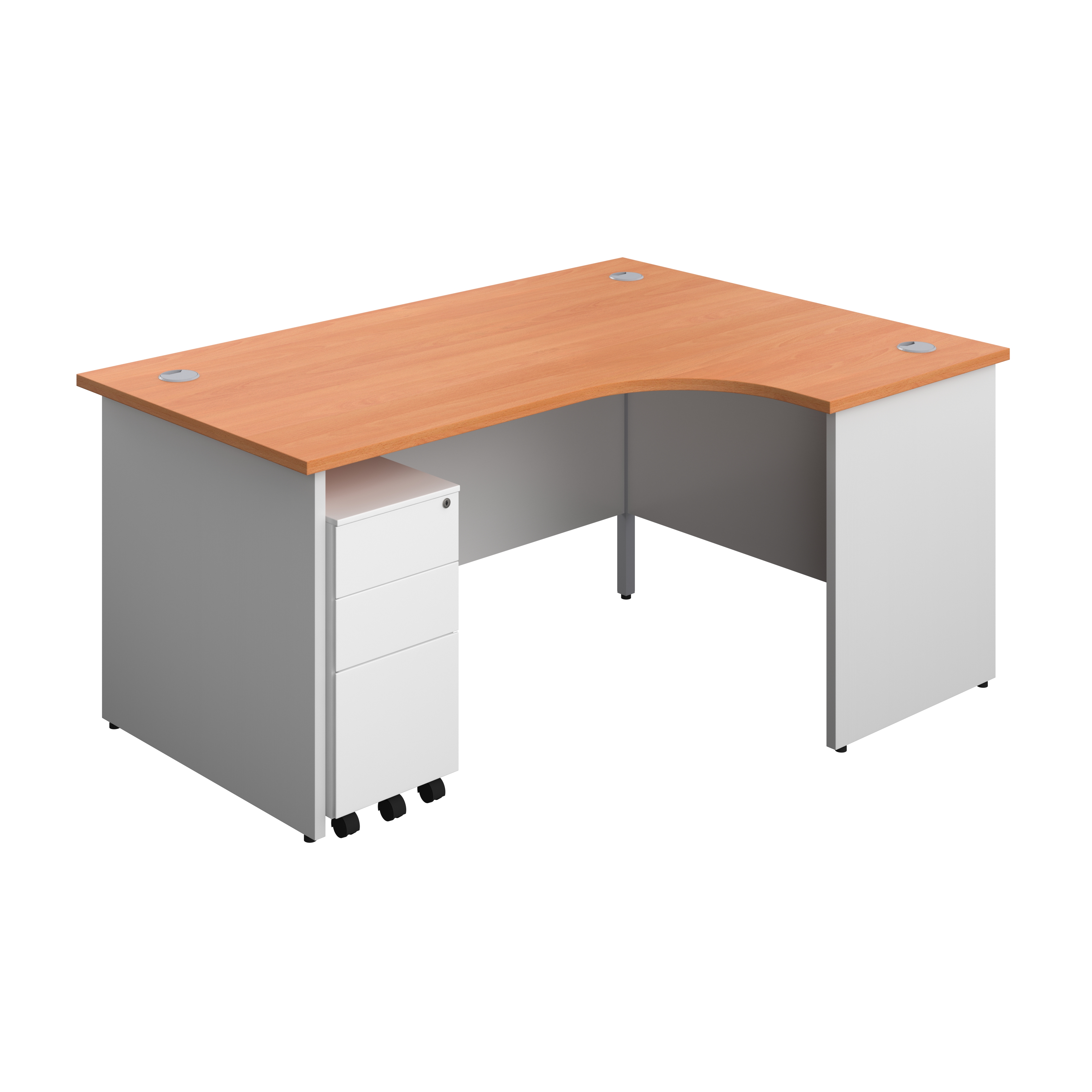 Panel Plus Right Radial Desk + 3 Drawer White Slimline Steel Mobile Pedestal Bundle (FSC) | 1600X1200 | Beech/White