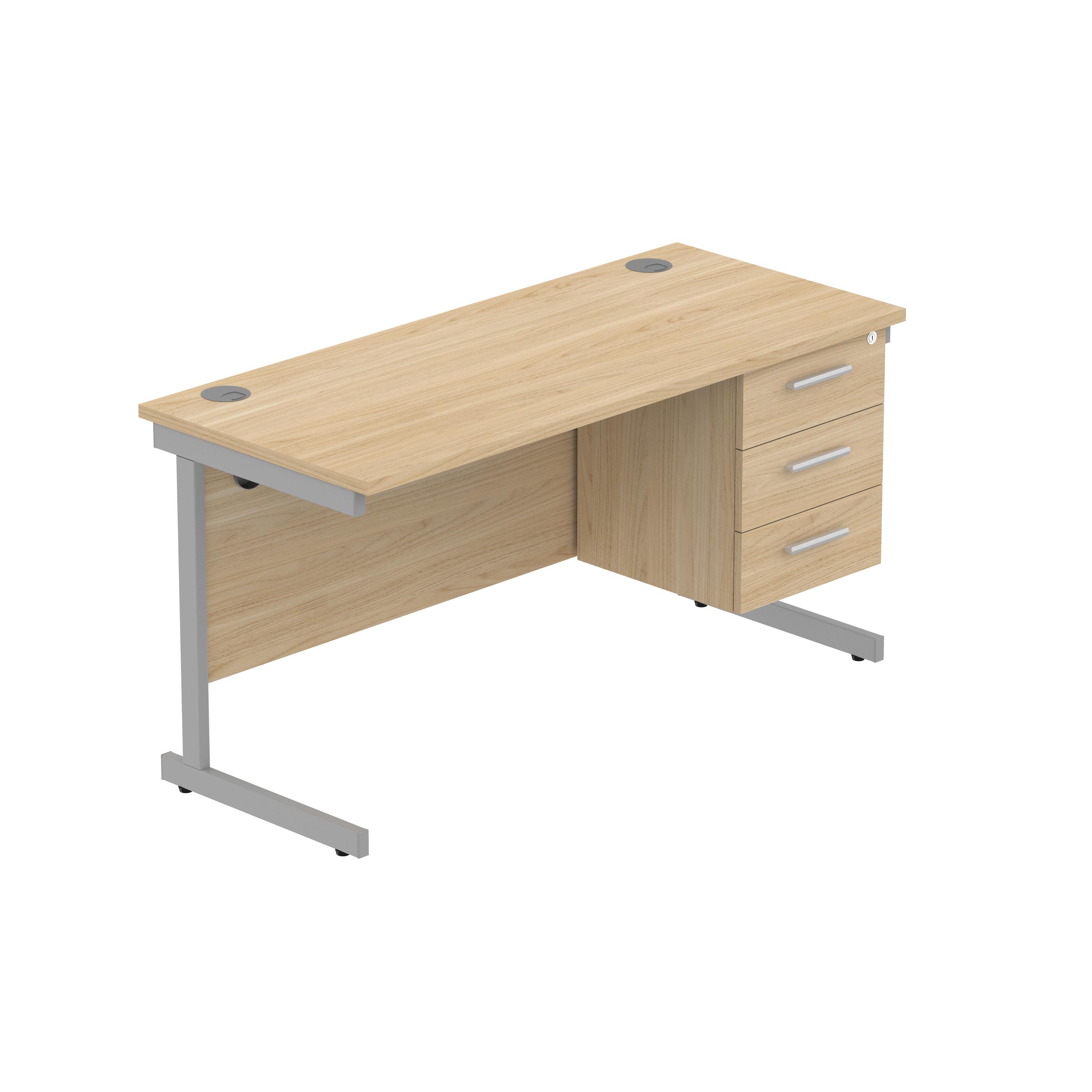 Office Rectangular Desk with Steel Single Upright Cantilever Legs + 3 Drawer Fixed Pedestal (FSC) | 1400X600 | Canadian Oak/Silver