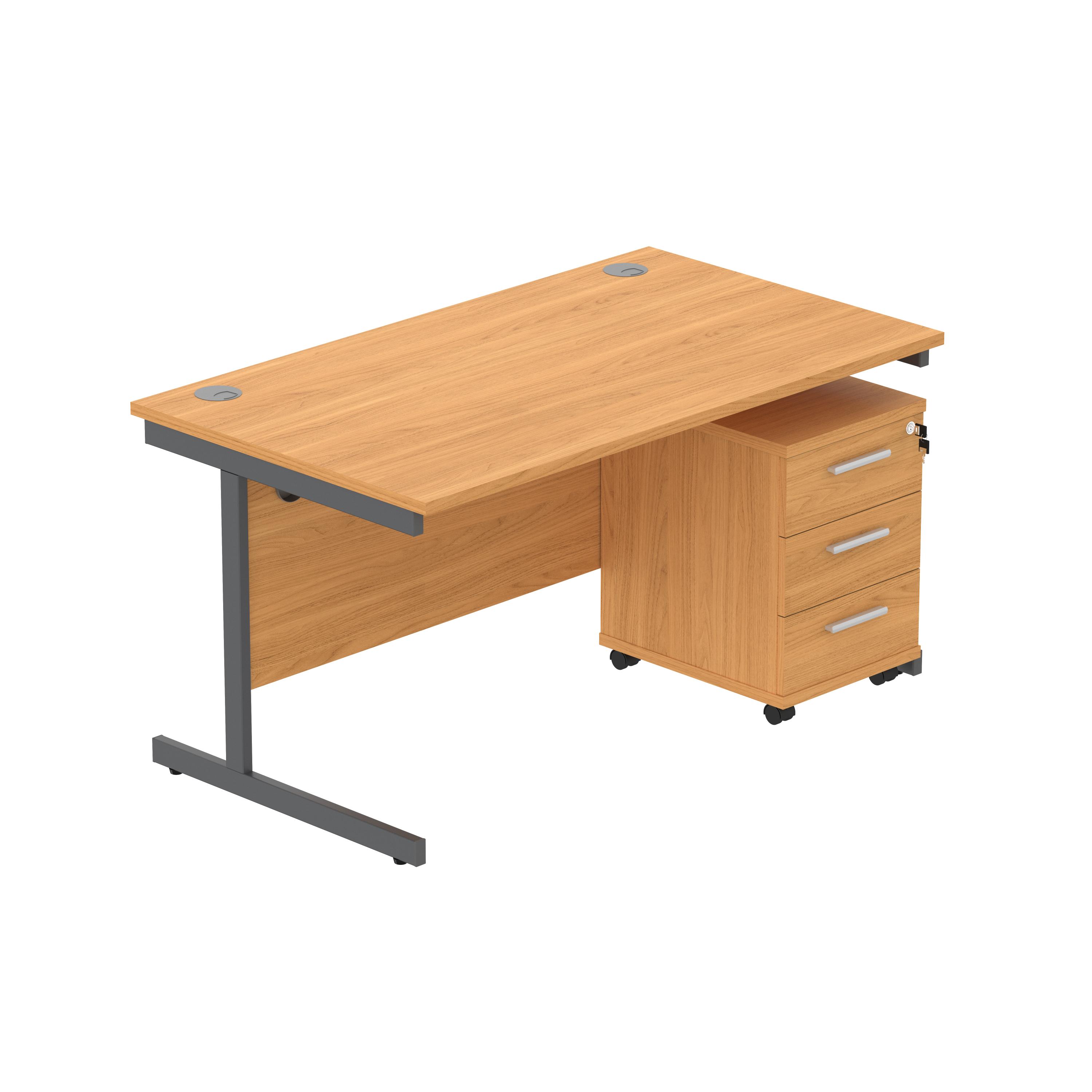 Single Upright Rectangular Desk + 3 Drawer Mobile Under Desk Pedestal (FSC) | 1400 X 800 | Norwegian Beech/Graphite
