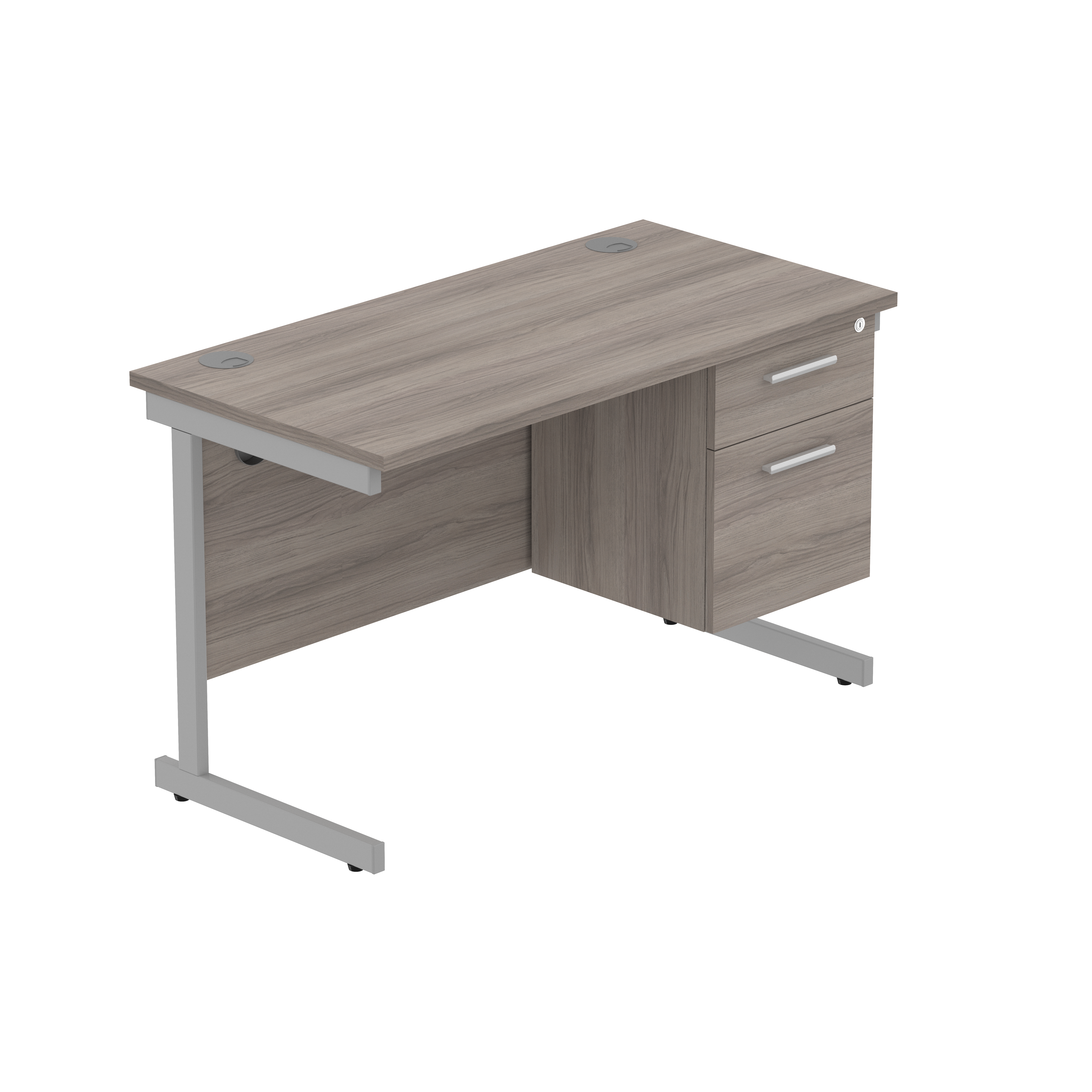 Office Rectangular Desk with Steel Single Upright Cantilever Legs + 2 Drawer Fixed Pedestal (FSC) | 1200X600 | Alaskan Grey Oak/Silver