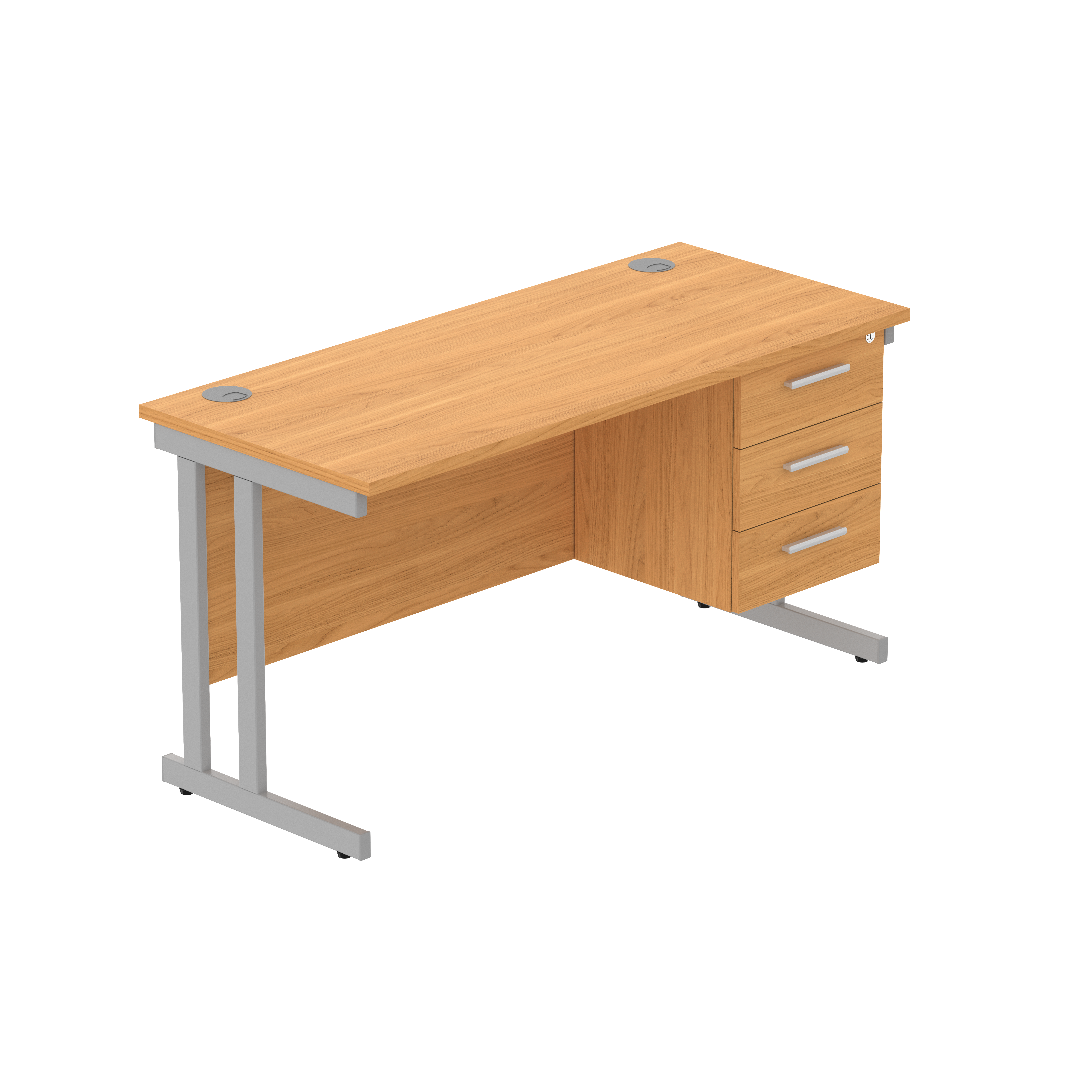 Office Rectangular Desk with Steel Double Upright Cantilever Legs + 3 Drawer Fixed Pedestal (FSC) | 1400X600 | Norwegian Beech/Silver