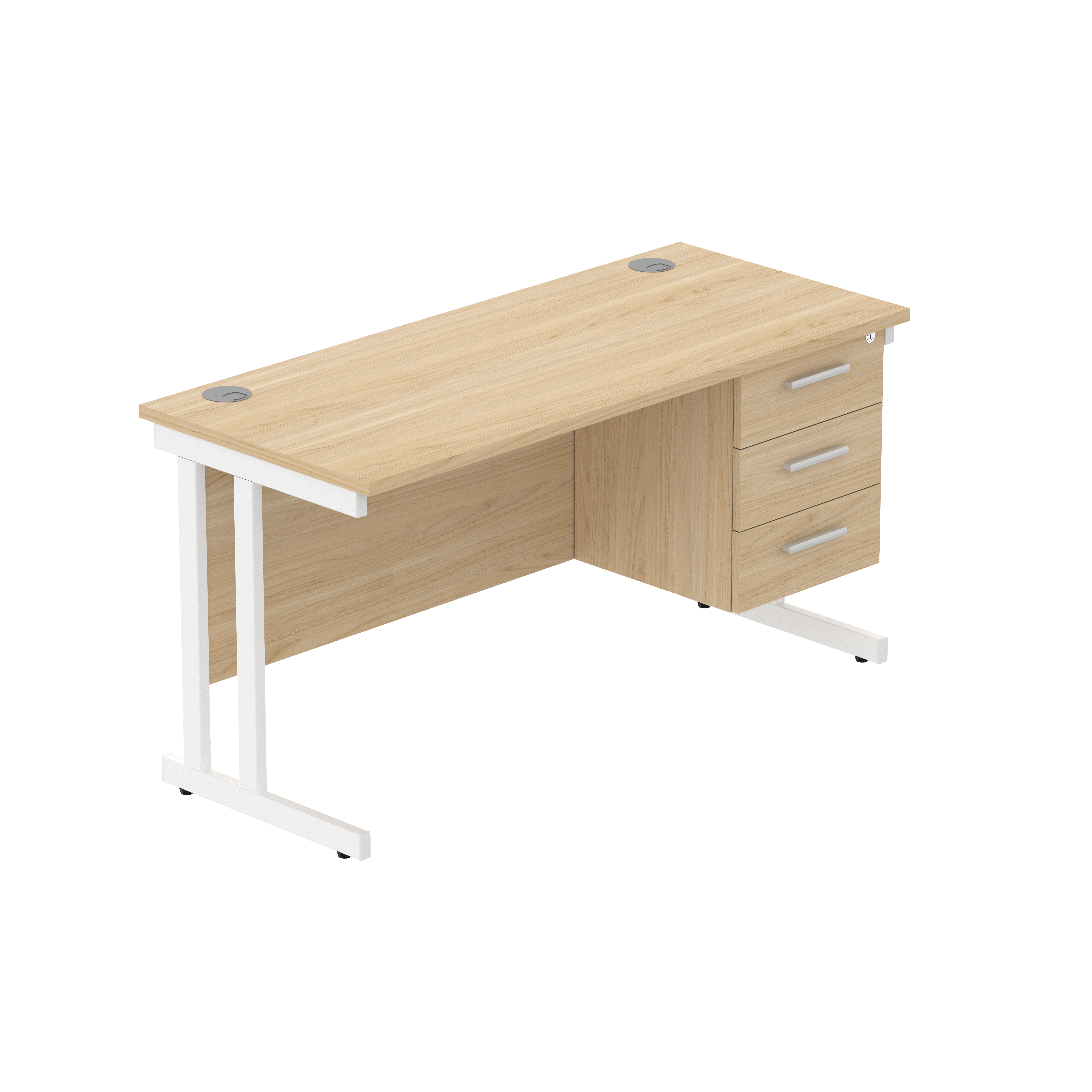 Office Rectangular Desk with Steel Double Upright Cantilever Legs + 3 Drawer Fixed Pedestal (FSC) | 1400X600 | Canadian Oak/White