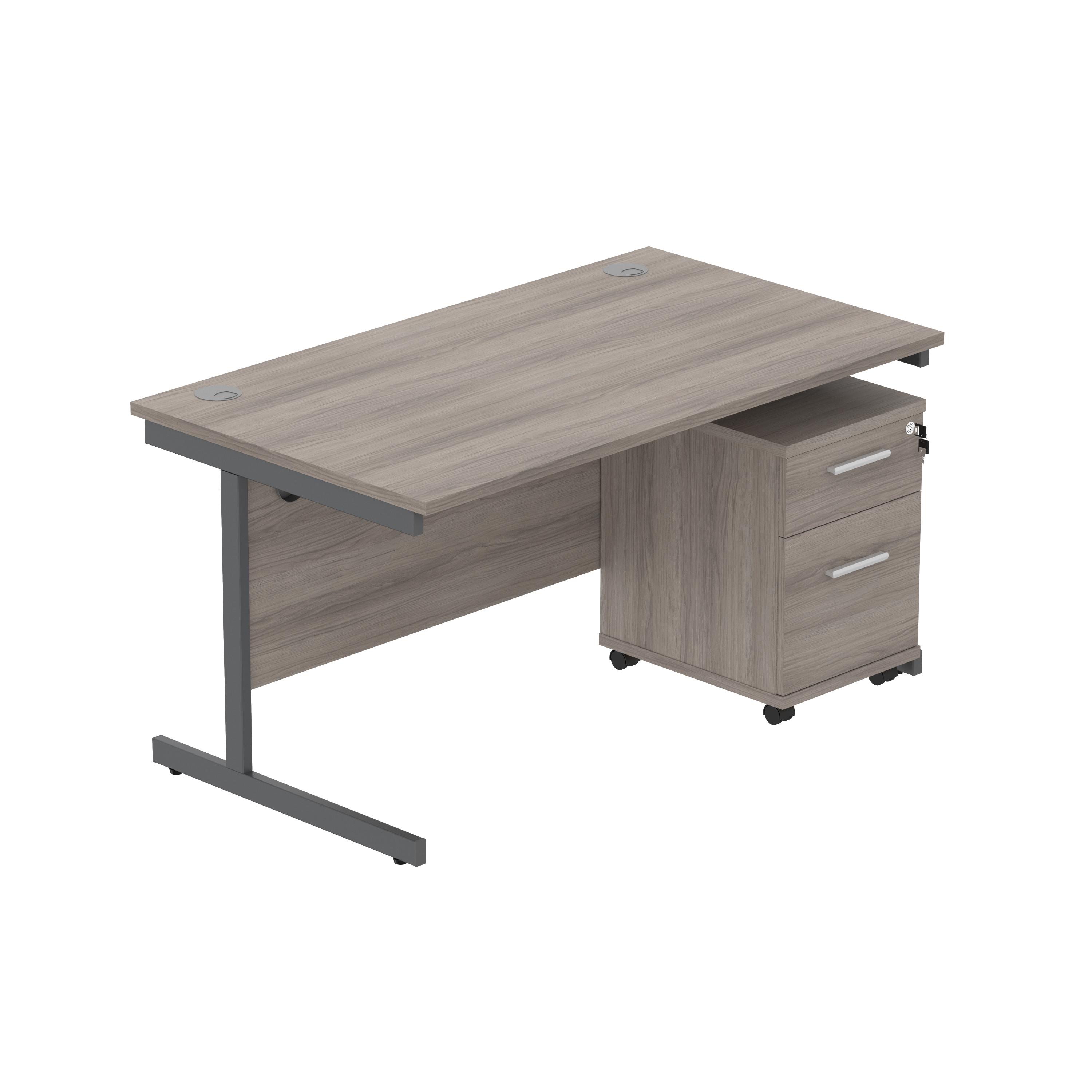 Single Upright Rectangular Desk + 2 Drawer Mobile Under Desk Pedestal (FSC) | 1400 X 800 | Alaskan Grey Oak/Graphite