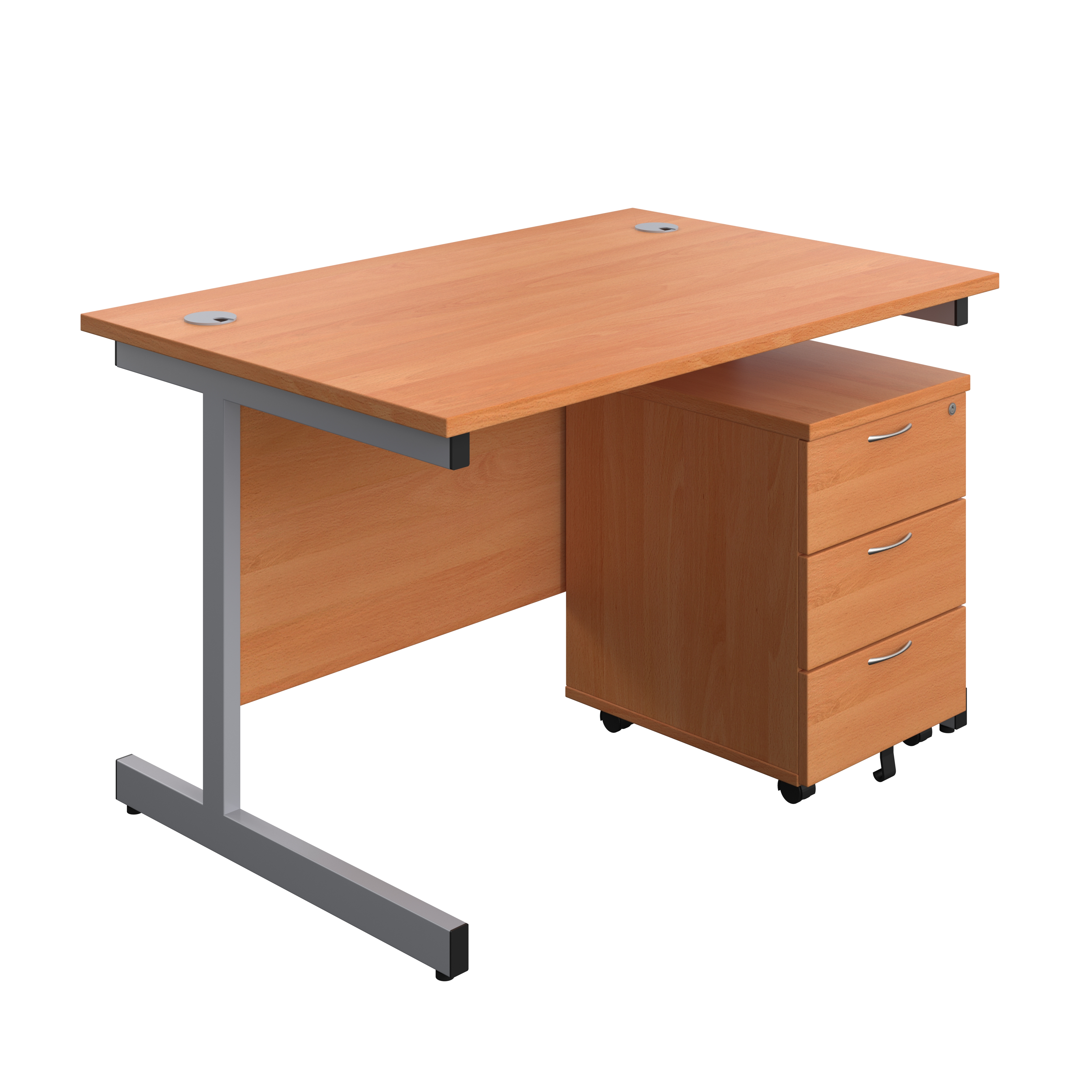 Single+Upright+Rectangular+Desk+%2B+Mobile+3+Drawer+Pedestal+%28FSC%29+1200+X+800+Beech%2FSilver