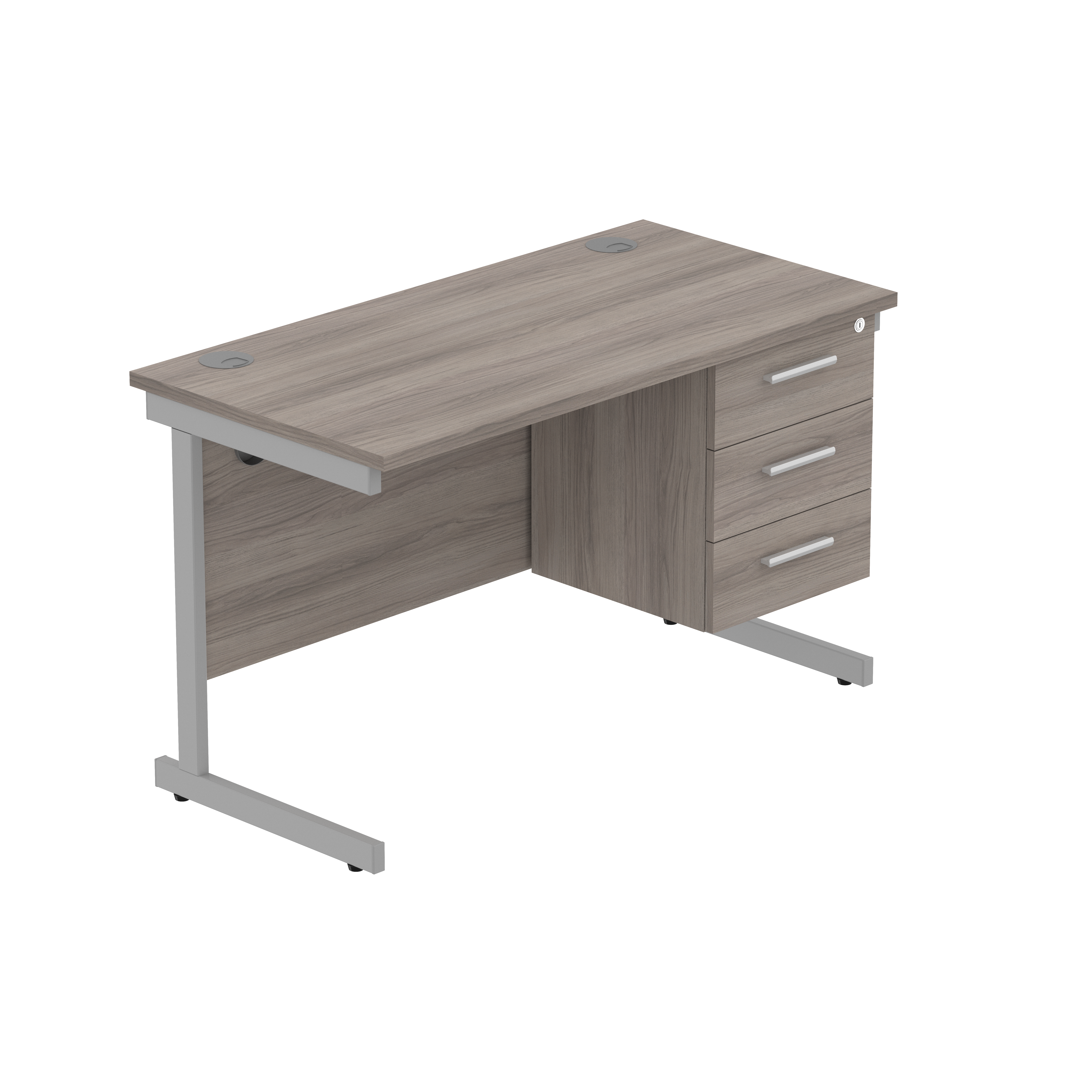 Office Rectangular Desk with Steel Single Upright Cantilever Legs + 3 Drawer Fixed Pedestal (FSC) | 1200X600 | Alaskan Grey Oak/Silver