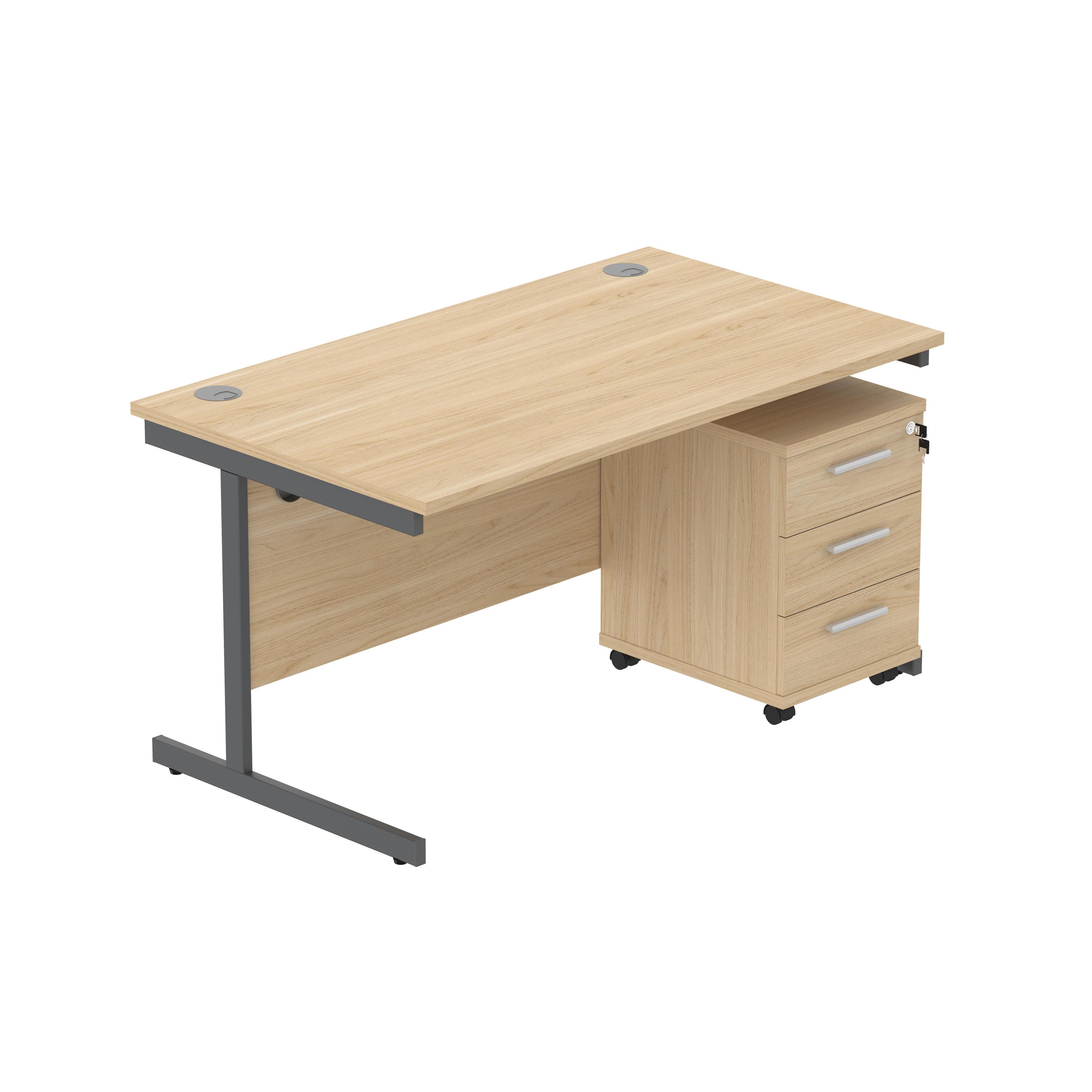 Single Upright Rectangular Desk + 3 Drawer Mobile Under Desk Pedestal (FSC) | 1400 X 800 | Canadian Oak/Graphite