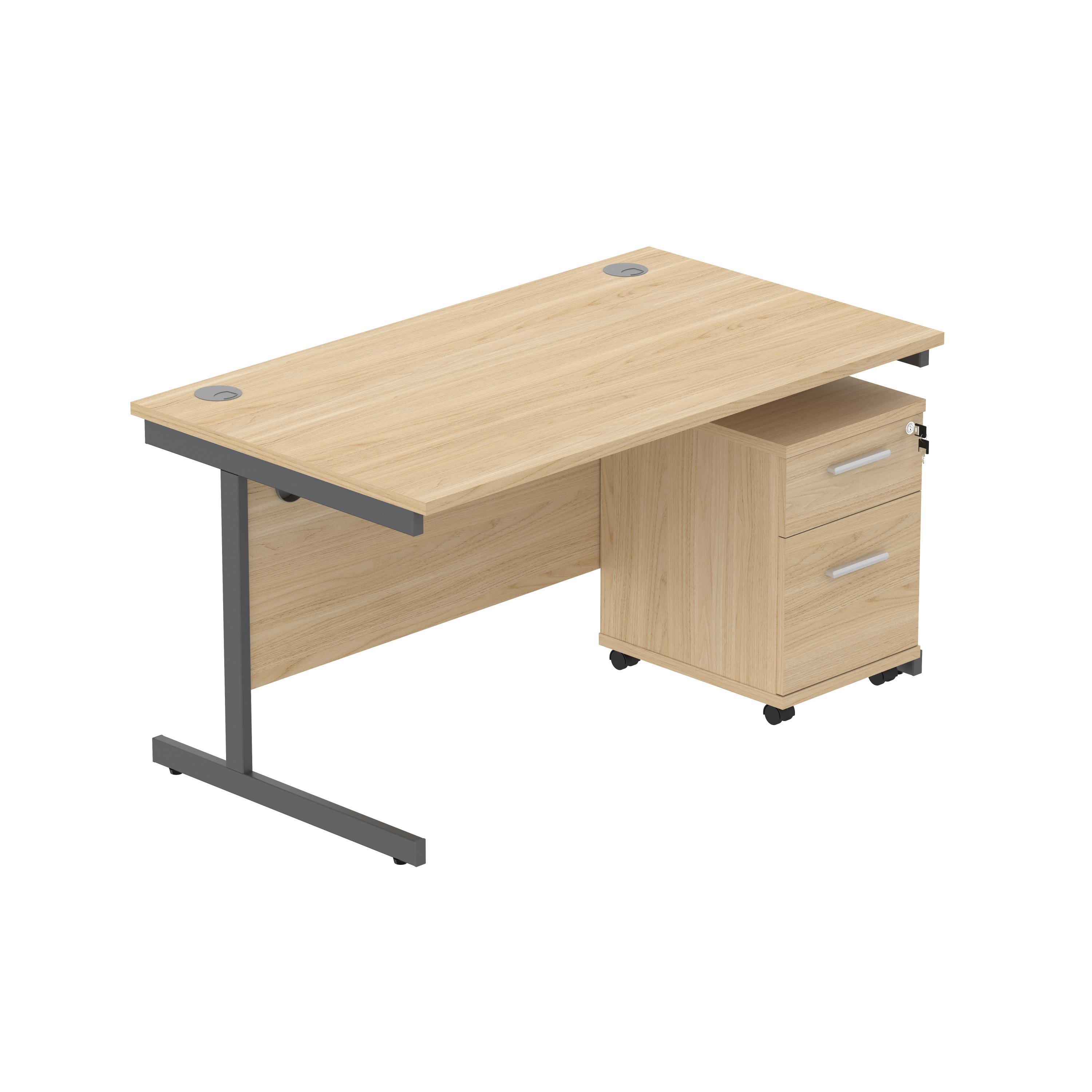 Single Upright Rectangular Desk + 2 Drawer Mobile Under Desk Pedestal (FSC) | 1400 X 800 | Canadian Oak/Graphite