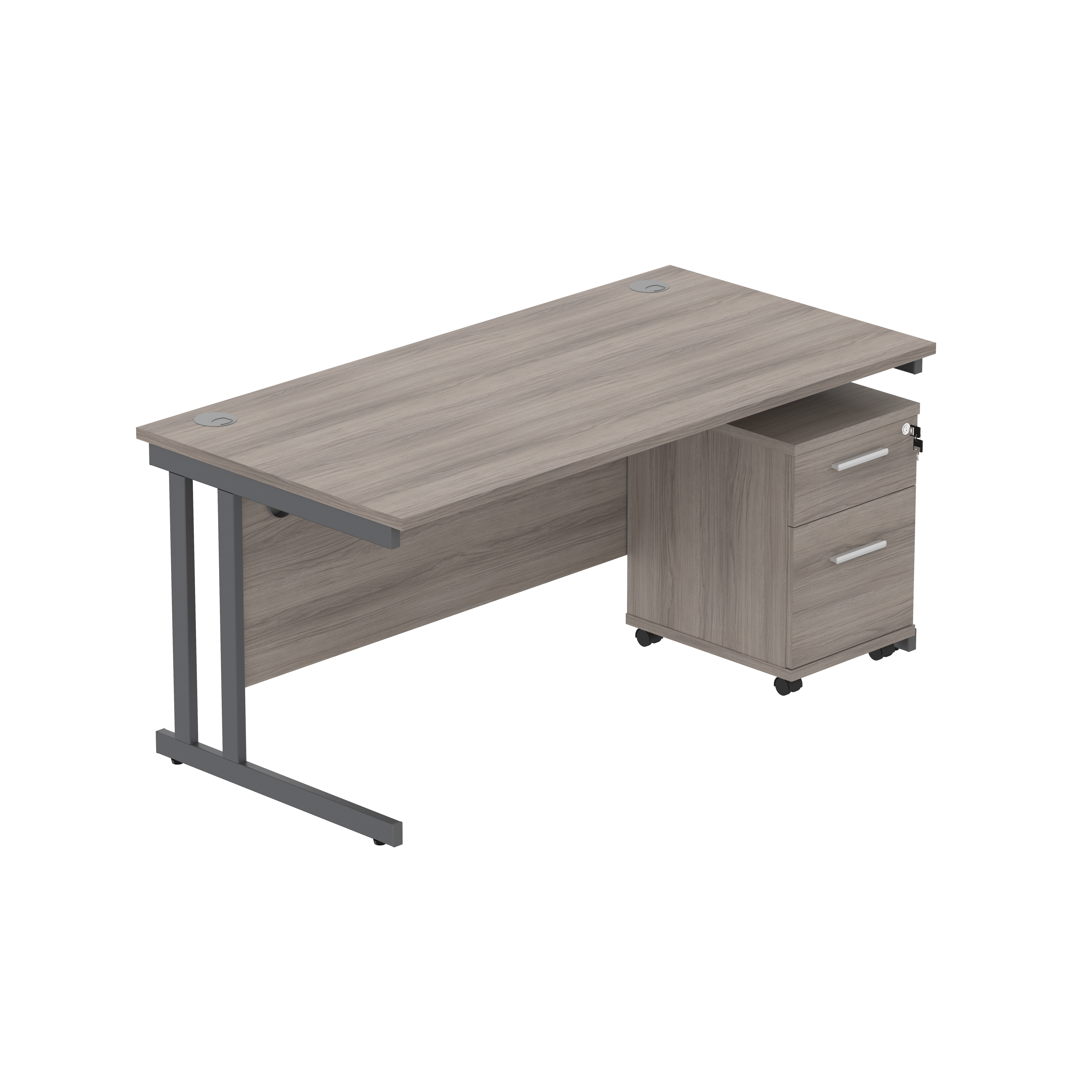 Double Upright Rectangular Desk + 2 Drawer Mobile Under Desk Pedestal (FSC) | 1600X800 | Alaskan Grey Oak/Graphite thumbnail 2