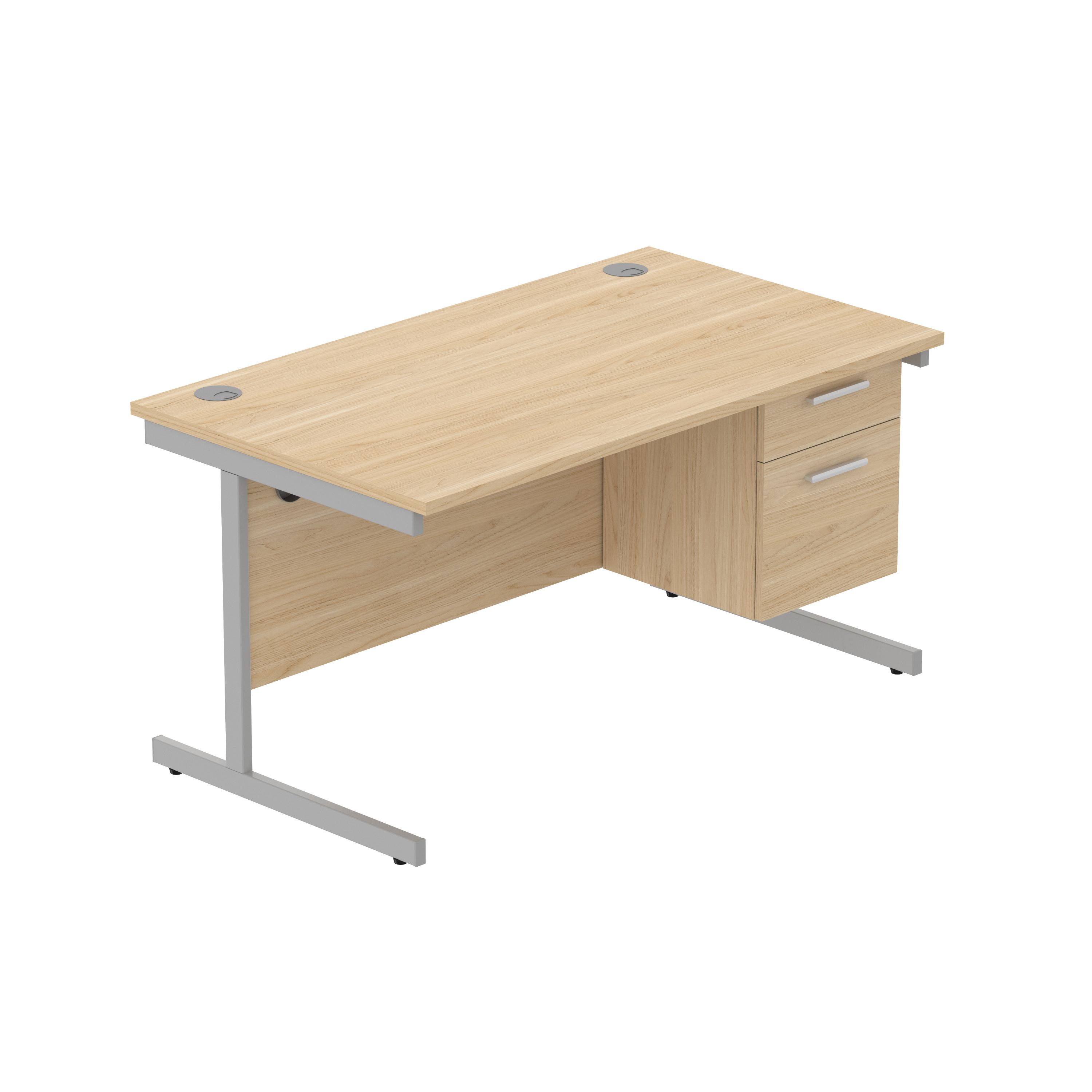 Office Rectangular Desk with Steel Single Upright Cantilever Legs + 2 Drawer Fixed Pedestal (FSC) | 1400X800 | Canadian Oak/Silver