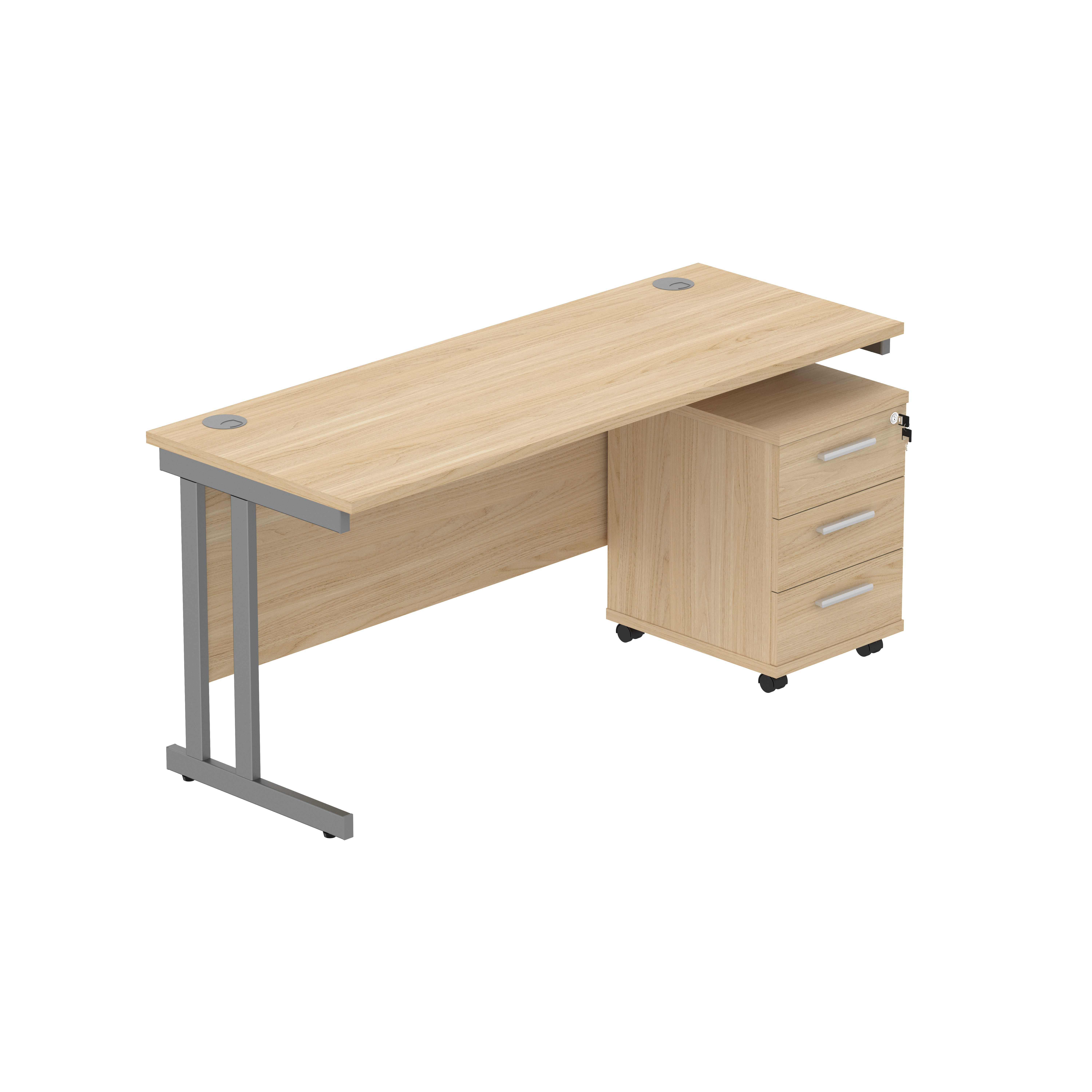 Double Upright Rectangular Desk + 3 Drawer Mobile Under Desk Pedestal (FSC) | 1600X600 | Canadian Oak/Graphite