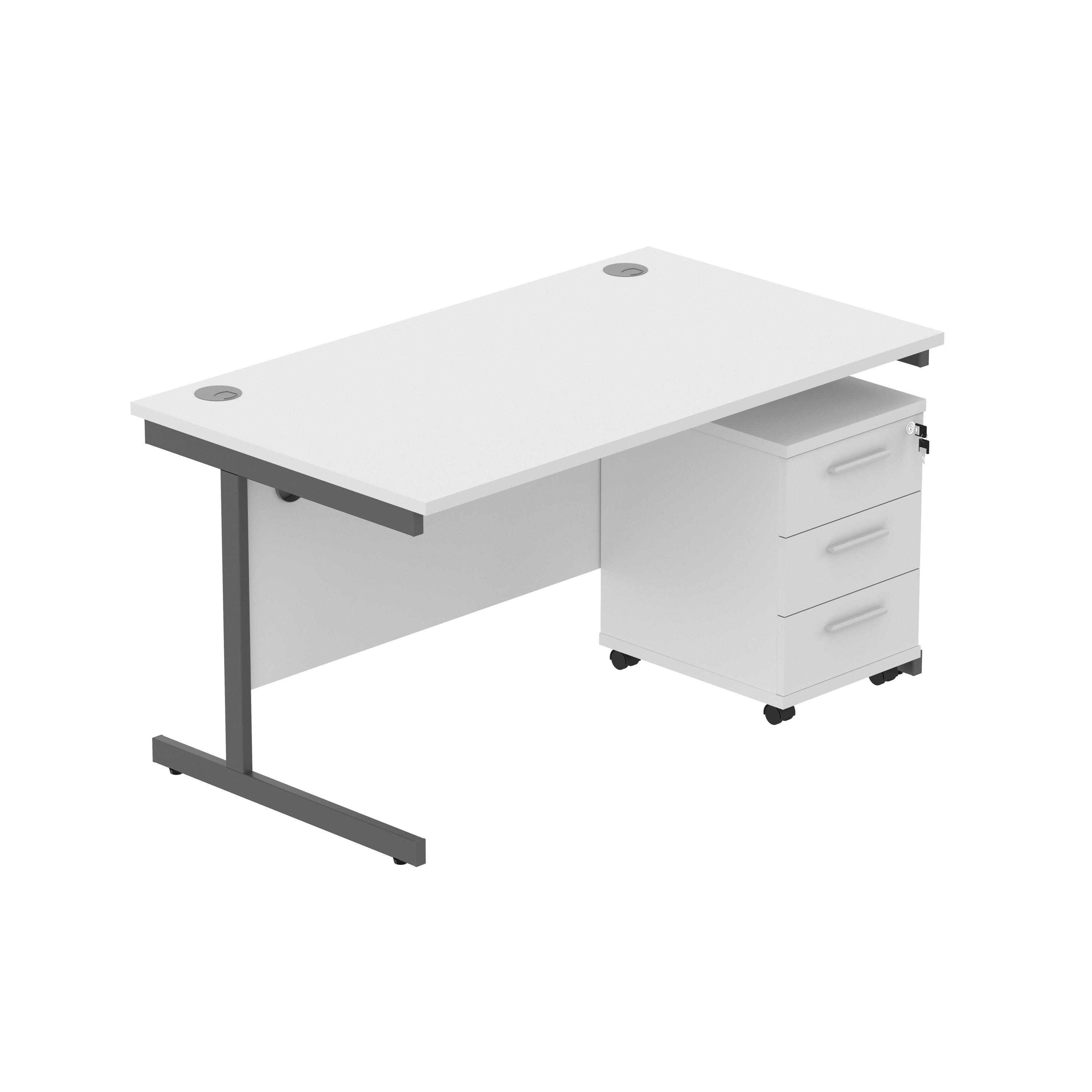 Single Upright Rectangular Desk + 3 Drawer Mobile Under Desk Pedestal (FSC) | 1400 X 800 | Arctic White/Graphite