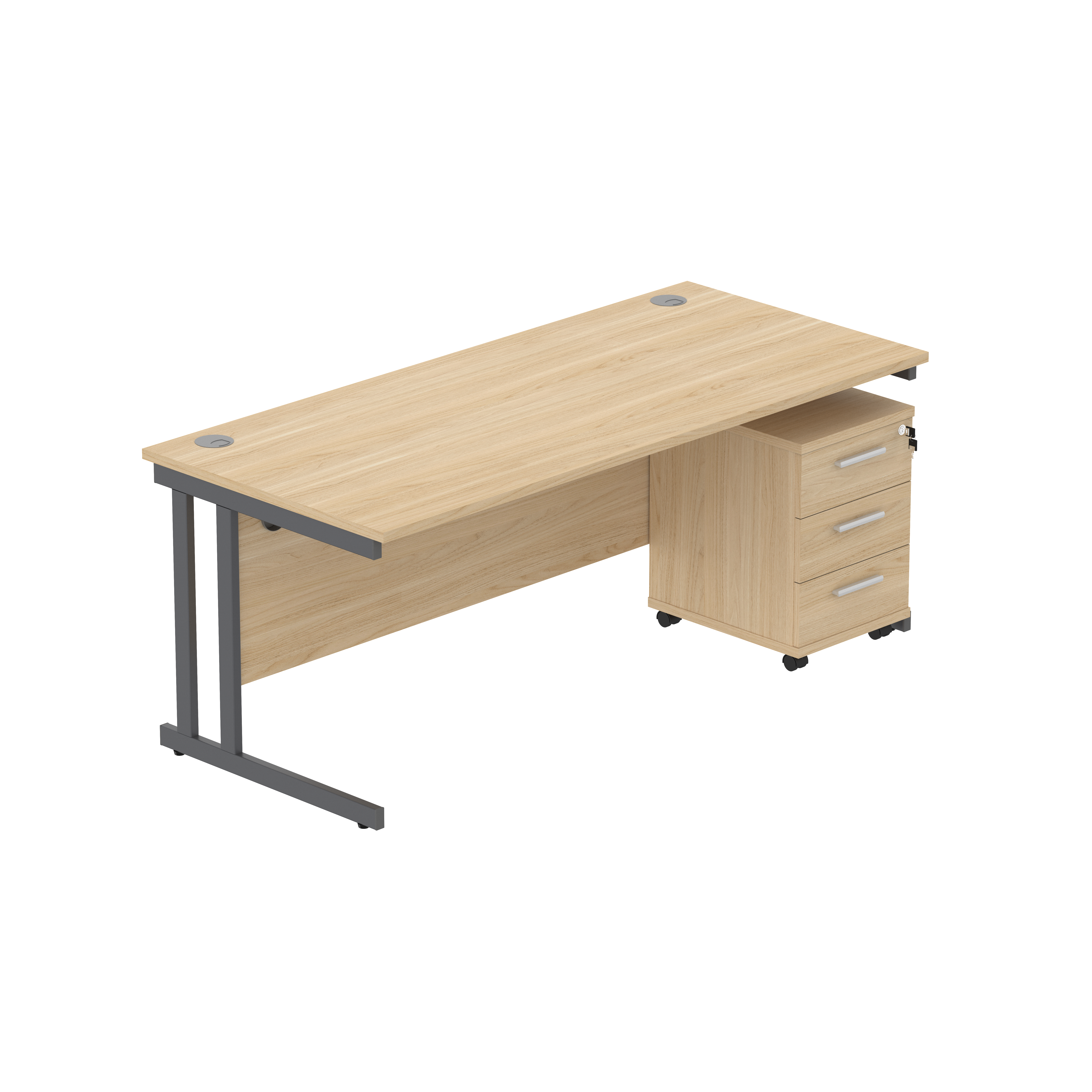 Double Upright Rectangular Desk + 3 Drawer Mobile Under Desk Pedestal (FSC) | 1800X800 | Canadian Oak/Graphite thumbnail 2