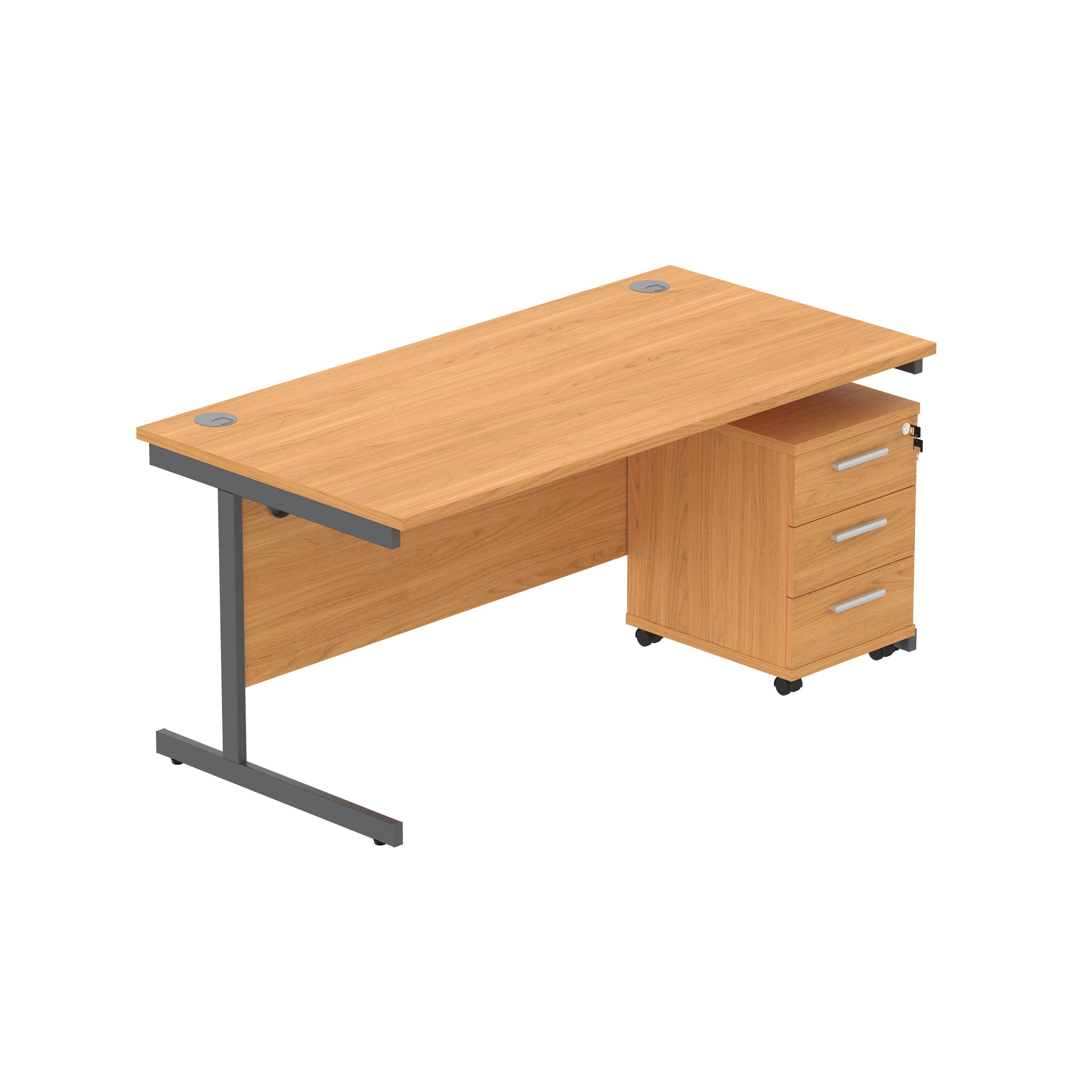 Single Upright Rectangular Desk + 3 Drawer Mobile Under Desk Pedestal (FSC) | 1600 X 800 | Norwegian Beech/Graphite