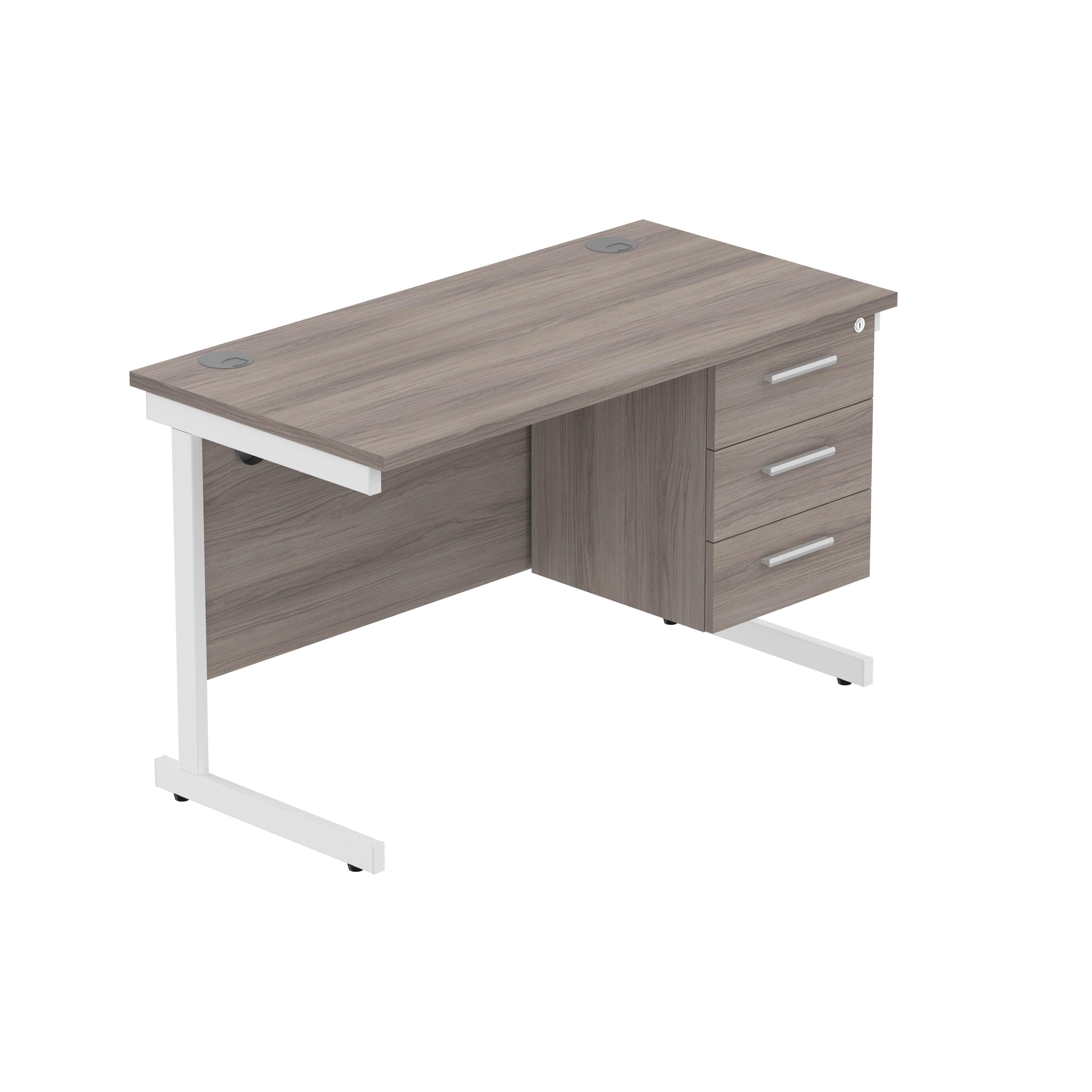 Office Rectangular Desk with Steel Single Upright Cantilever Legs + 3 Drawer Fixed Pedestal (FSC) | 1200X600 | Alaskan Grey Oak/White