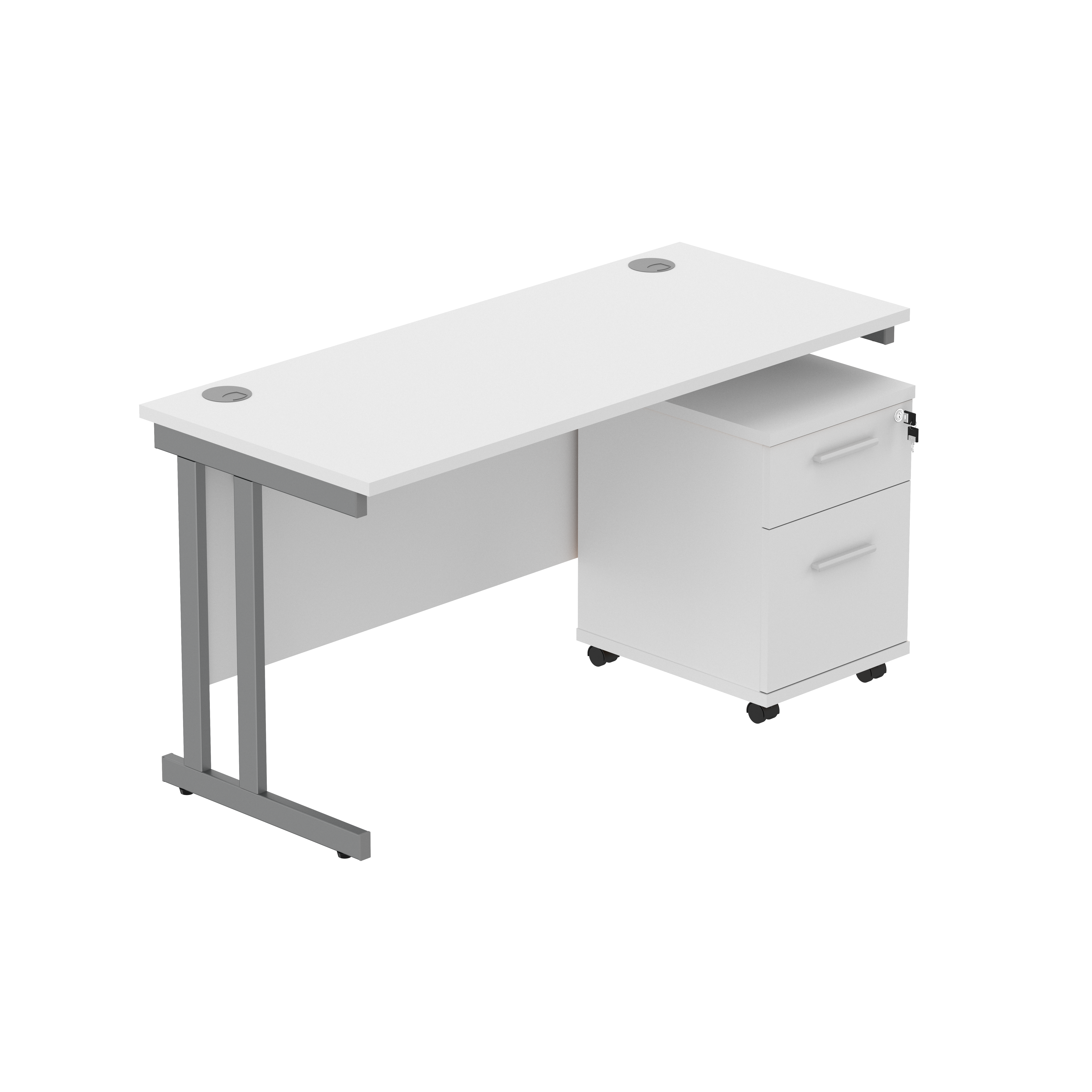 Double Upright Rectangular Desk + 2 Drawer Mobile Under Desk Pedestal (FSC) | 1400X600 | Arctic White/Graphite