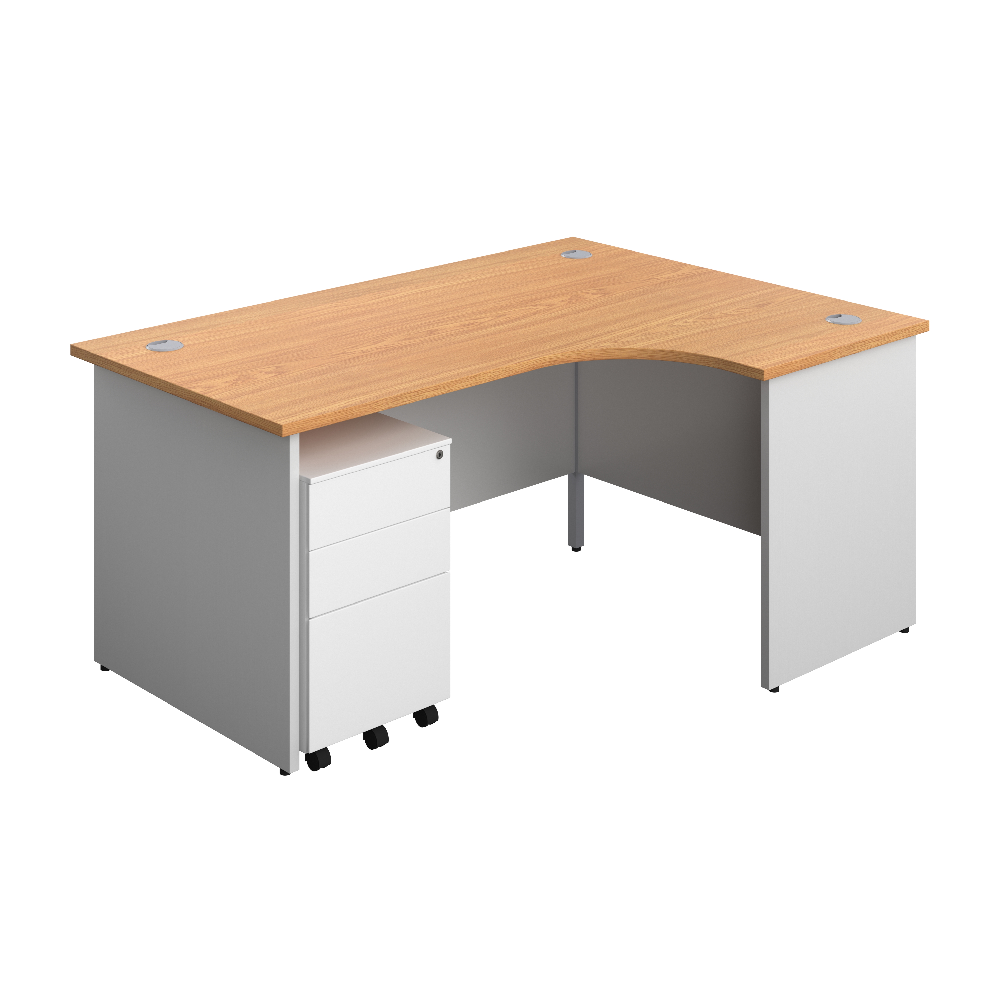 Panel Plus Right Radial Desk + 3 Drawer Steel Mobile Pedestal Bundle (FSC) | 1600X1200 | Nova Oak/White