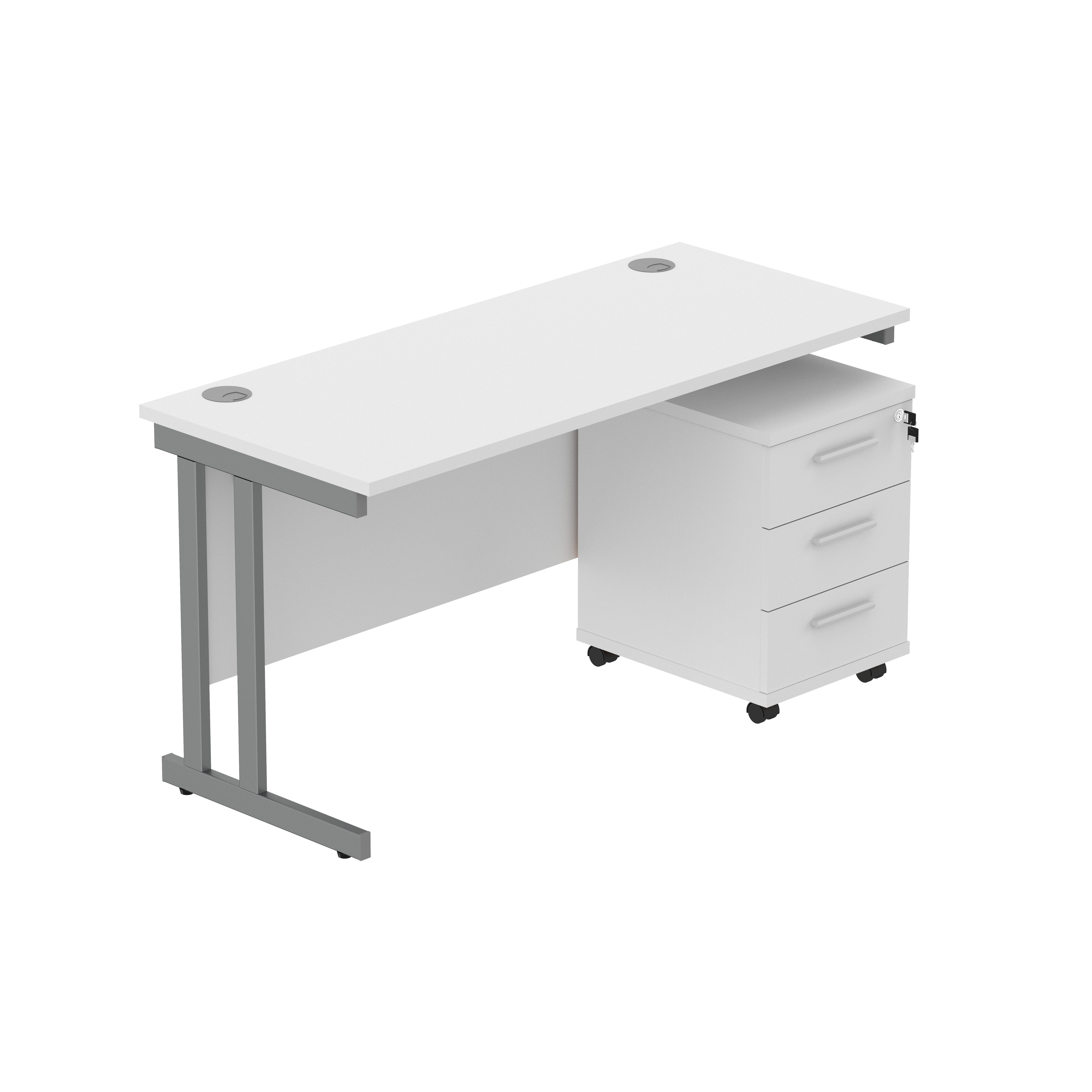 Double Upright Rectangular Desk + 3 Drawer Mobile Under Desk Pedestal (FSC) | 1400X600 | Arctic White/Graphite