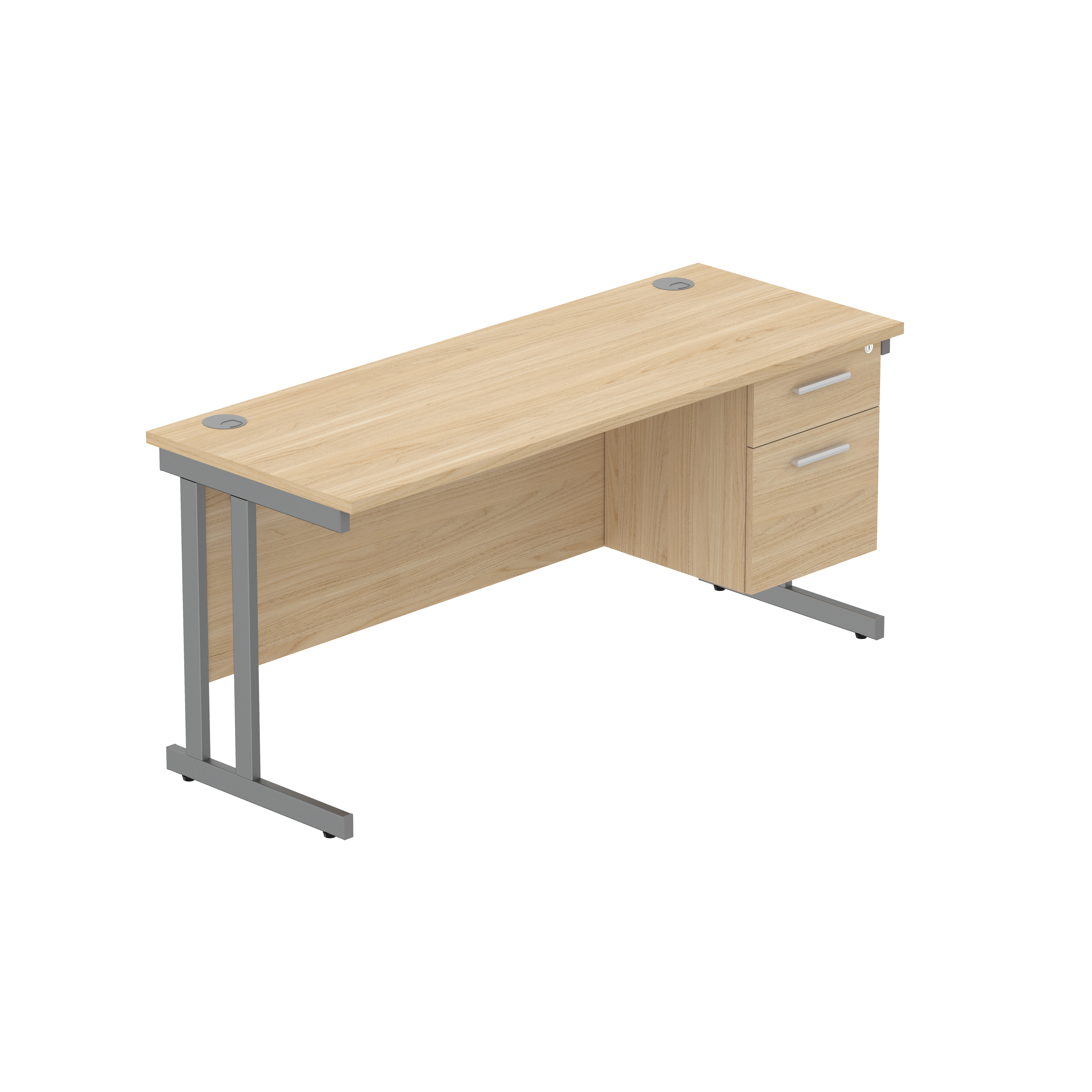 Office Rectangular Desk with Steel Double Upright Cantilever Legs + 2 Drawer Fixed Pedestal (FSC) | 1600X600 | Canadian Oak/Graphite