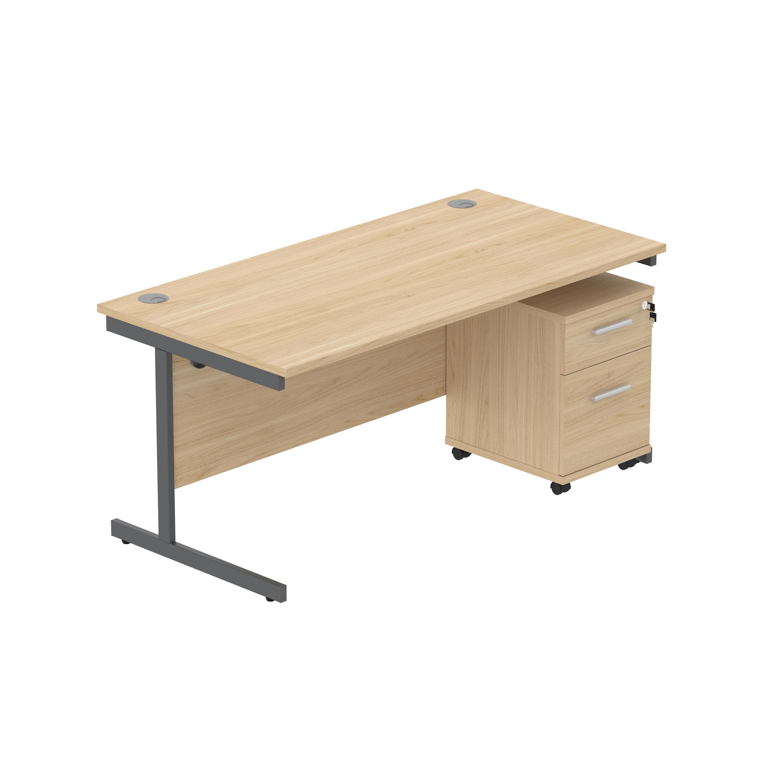 Single Upright Rectangular Desk + 2 Drawer Mobile Under Desk Pedestal (FSC) | 1600 X 800 | Canadian Oak/Graphite