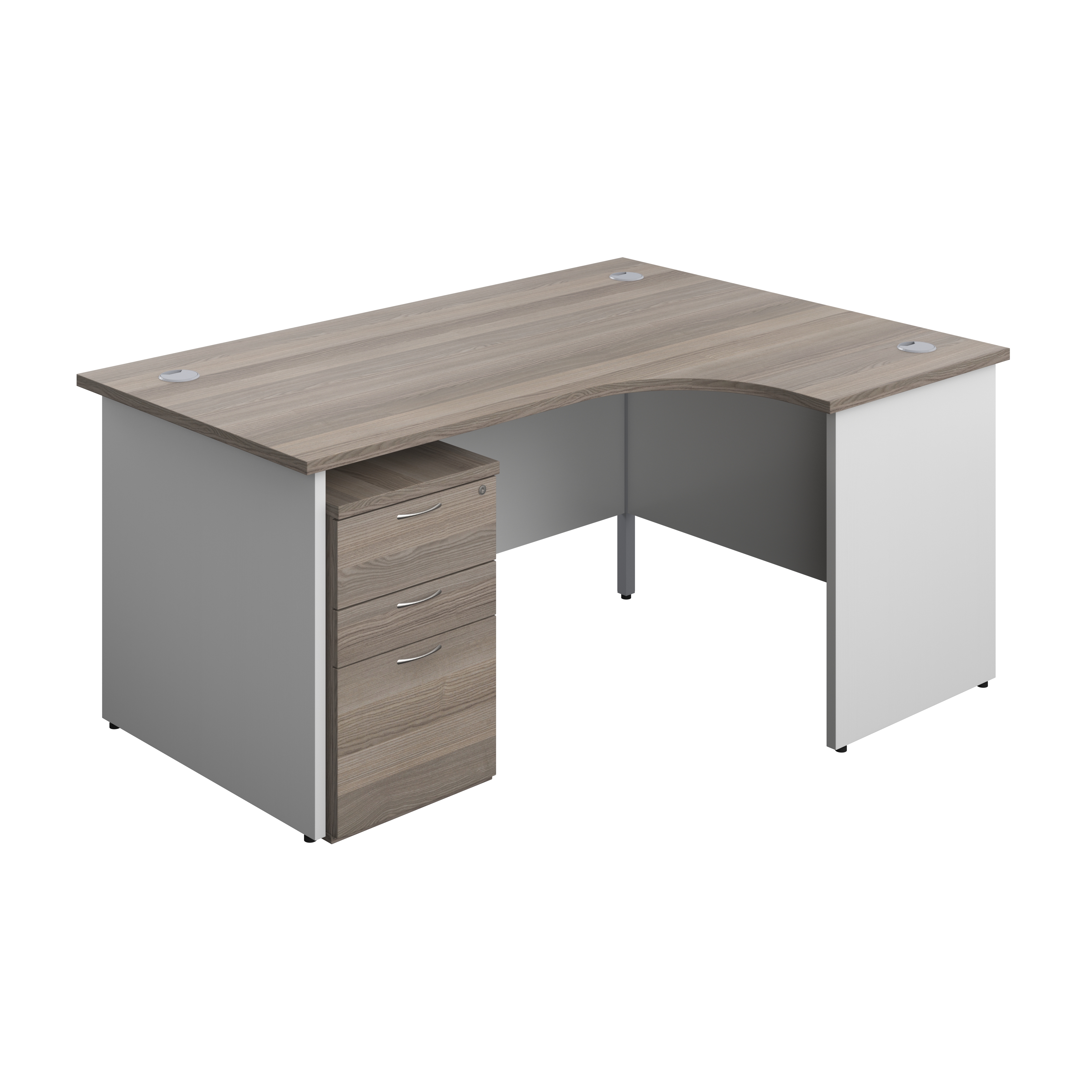 Panel Plus Right Radial Desk + 3 Drawer High Mobile Pedestal Bundle (FSC) | 1600X1200 | Grey Oak/White