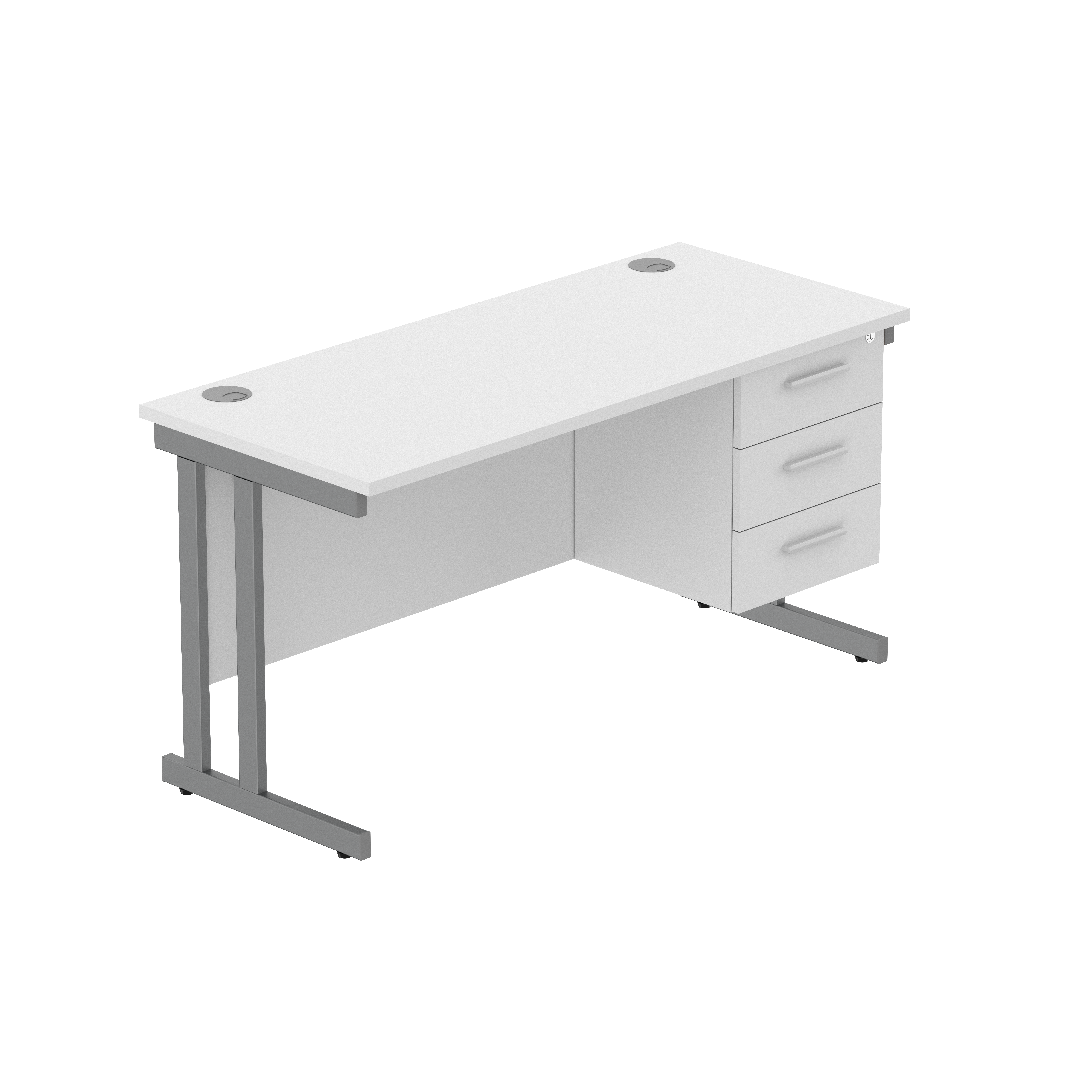 Office Rectangular Desk with Steel Double Upright Cantilever Legs + 3 Drawer Fixed Pedestal (FSC) | 1400X600 | Arctic White/Graphite