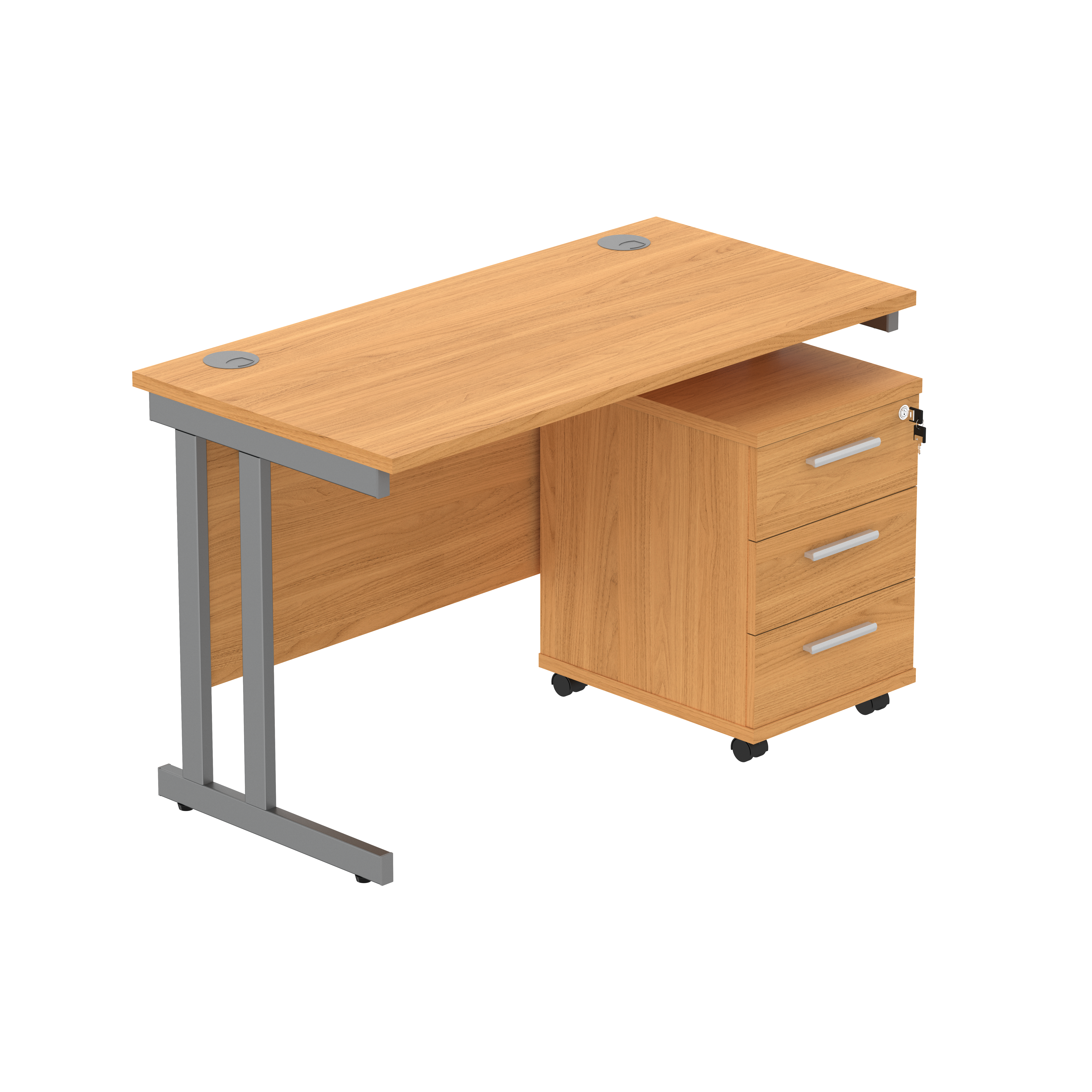 Double Upright Rectangular Desk + 3 Drawer Mobile Under Desk Pedestal (FSC) | 1200X600 | Norwegian Beech/Graphite