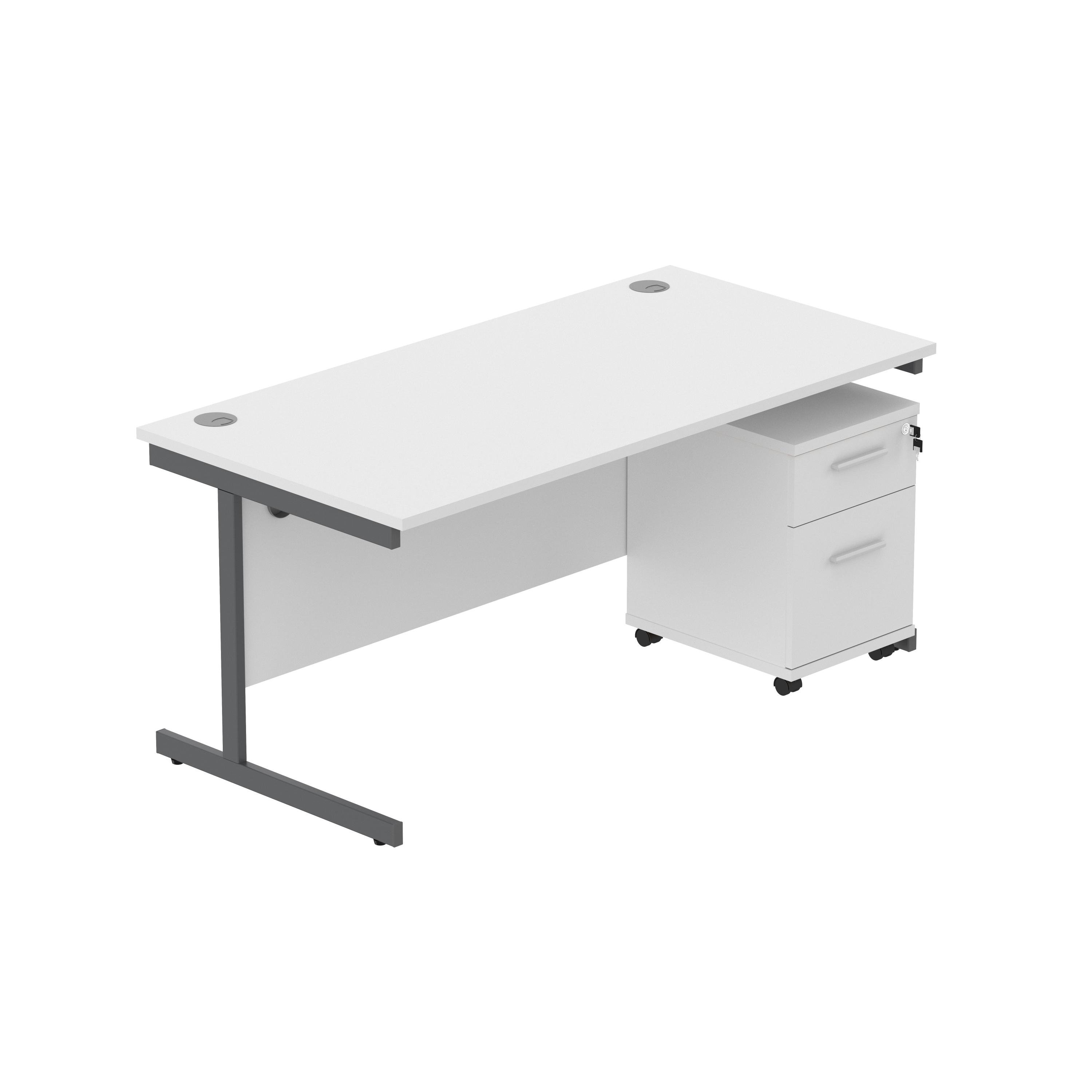 Single Upright Rectangular Desk + 2 Drawer Mobile Under Desk Pedestal (FSC) | 1600 X 800 | Arctic White/Graphite