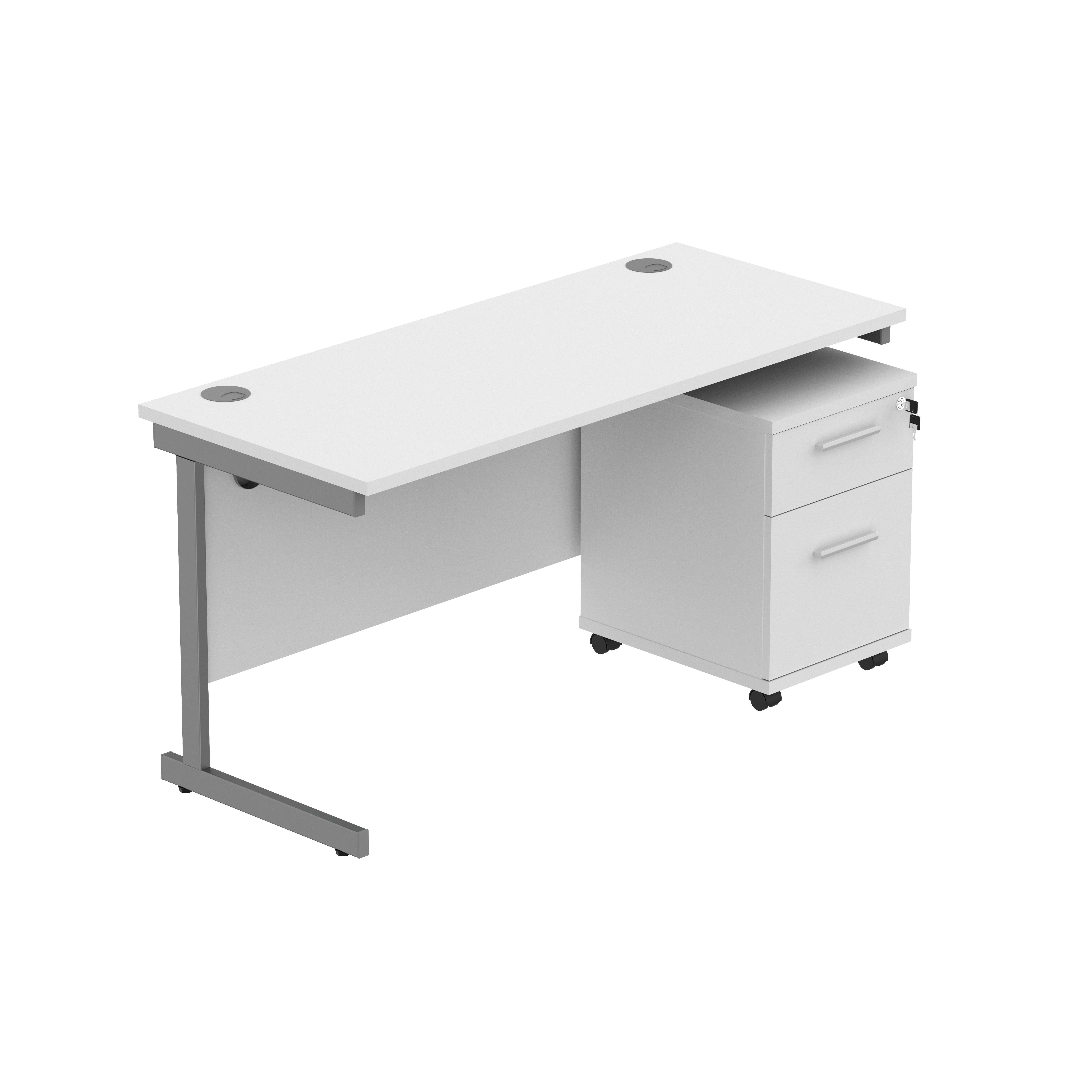 Single Upright Rectangular Desk + 2 Drawer Mobile Under Desk Pedestal (FSC) | 1400 X 600 | Arctic White/Graphite