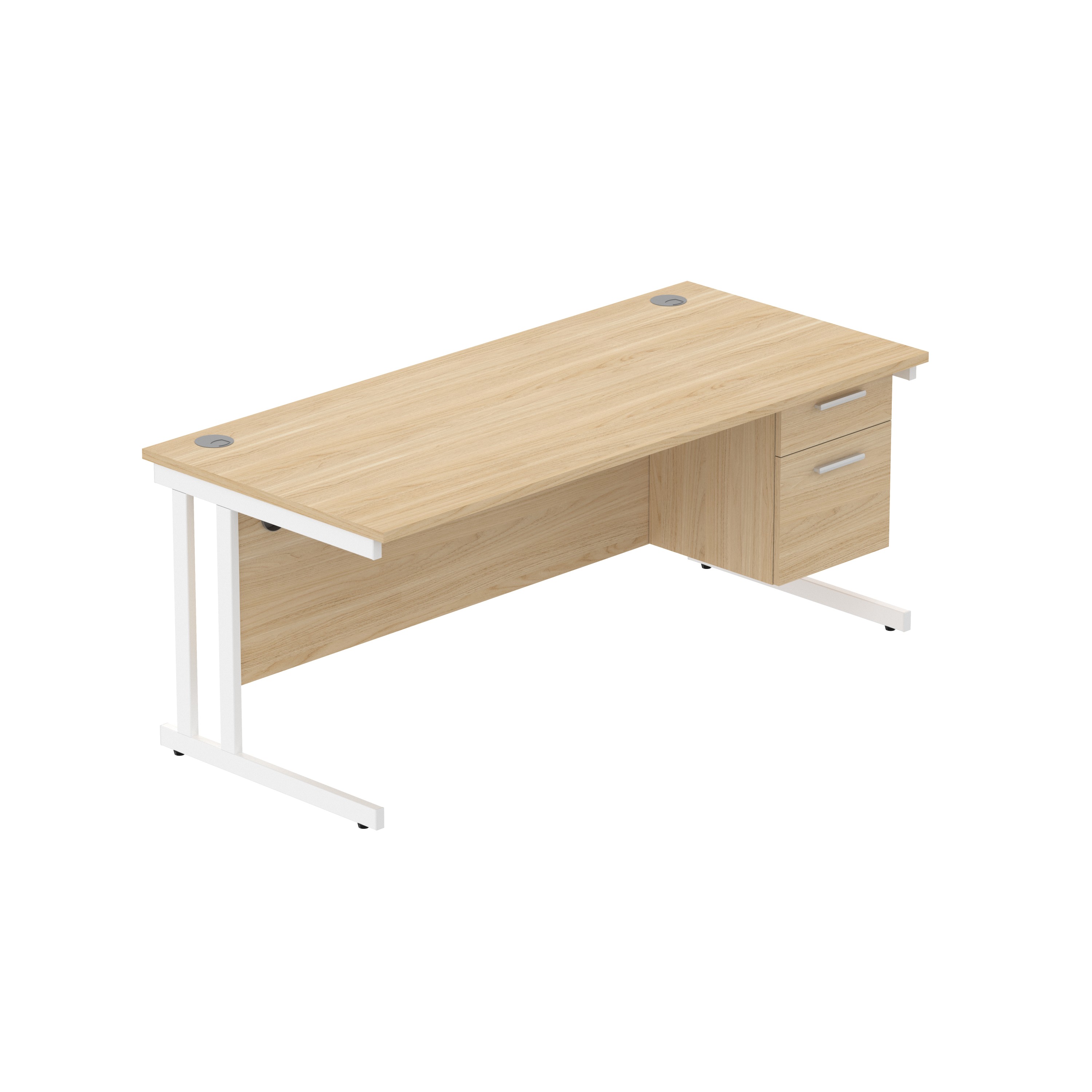 Office Rectangular Desk with Steel Double Upright Cantilever Legs + 2 Drawer Fixed Pedestal (FSC) | 1800X800 | Canadian Oak/White