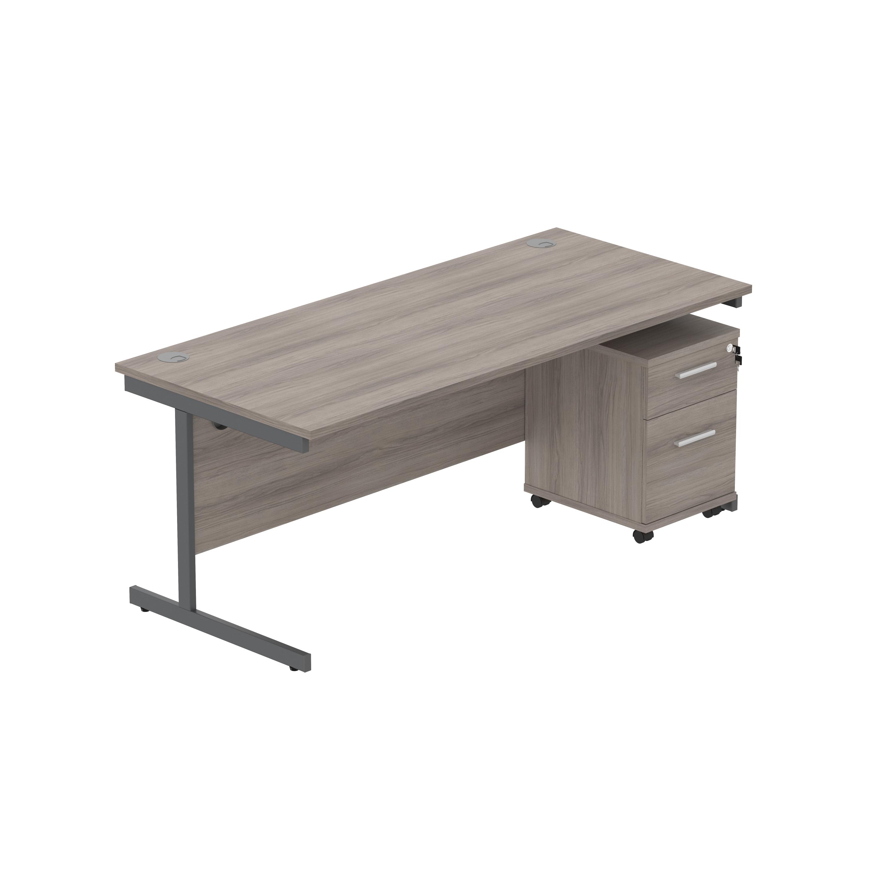 Single Upright Rectangular Desk + 2 Drawer Mobile Under Desk Pedestal (FSC) | 1800 X 800 | Alaskan Grey Oak/Graphite