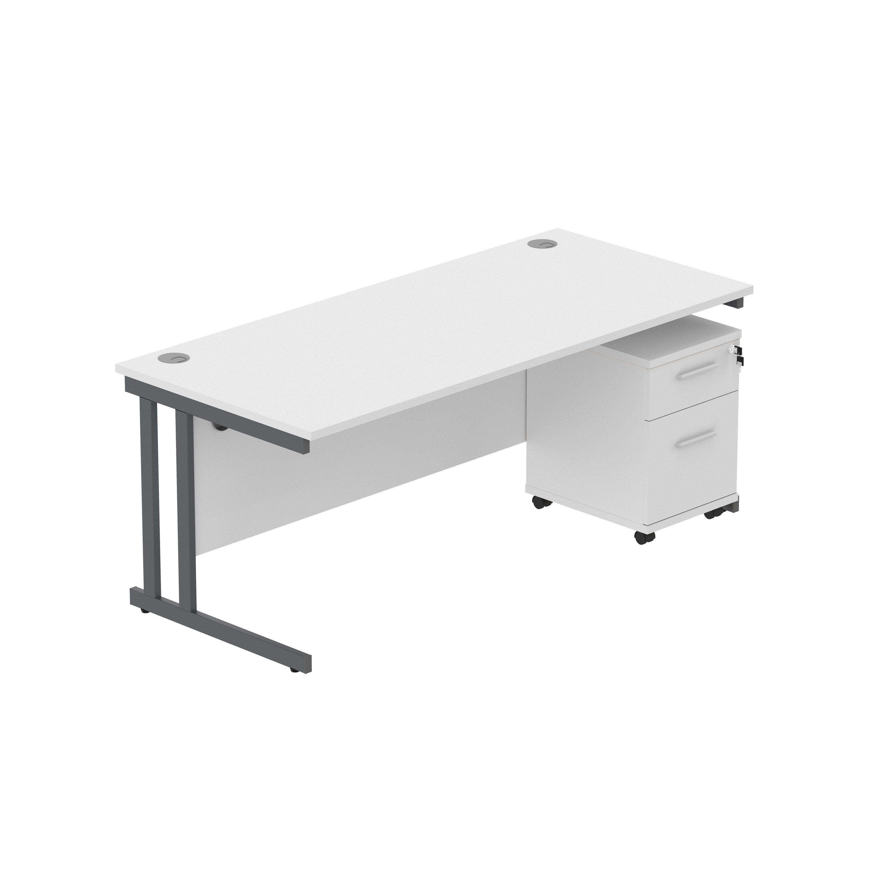 Double Upright Rectangular Desk + 2 Drawer Mobile Under Desk Pedestal (FSC) | 1800X800 | Arctic White/Graphite