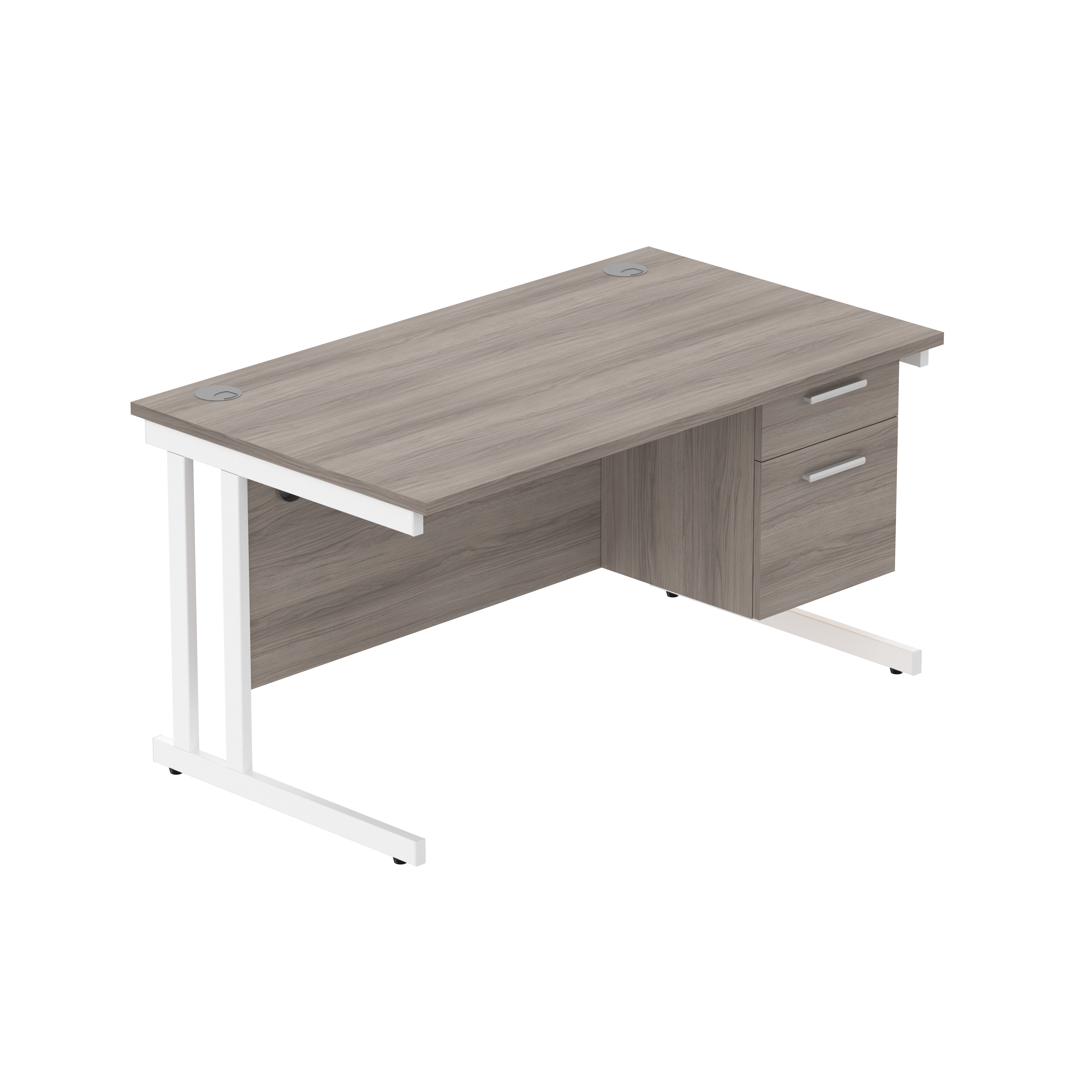 Office Rectangular Desk with Steel Double Upright Cantilever Legs + 2 Drawer Fixed Pedestal (FSC) | 1400X800 | Alaskan Grey Oak/White thumbnail 2