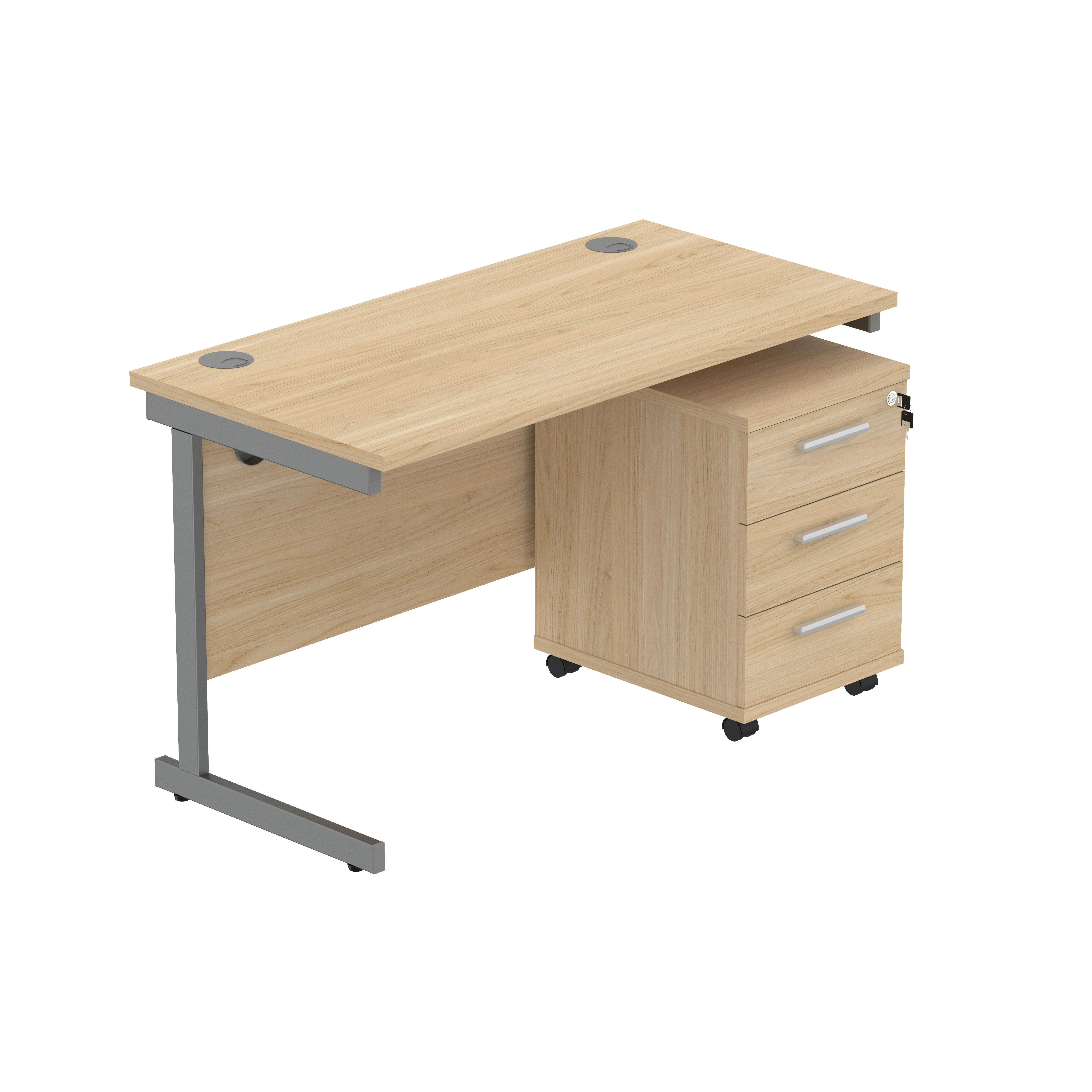 Single Upright Rectangular Desk + 3 Drawer Mobile Under Desk Pedestal (FSC) | 1200 X 600 | Canadian Oak/Graphite
