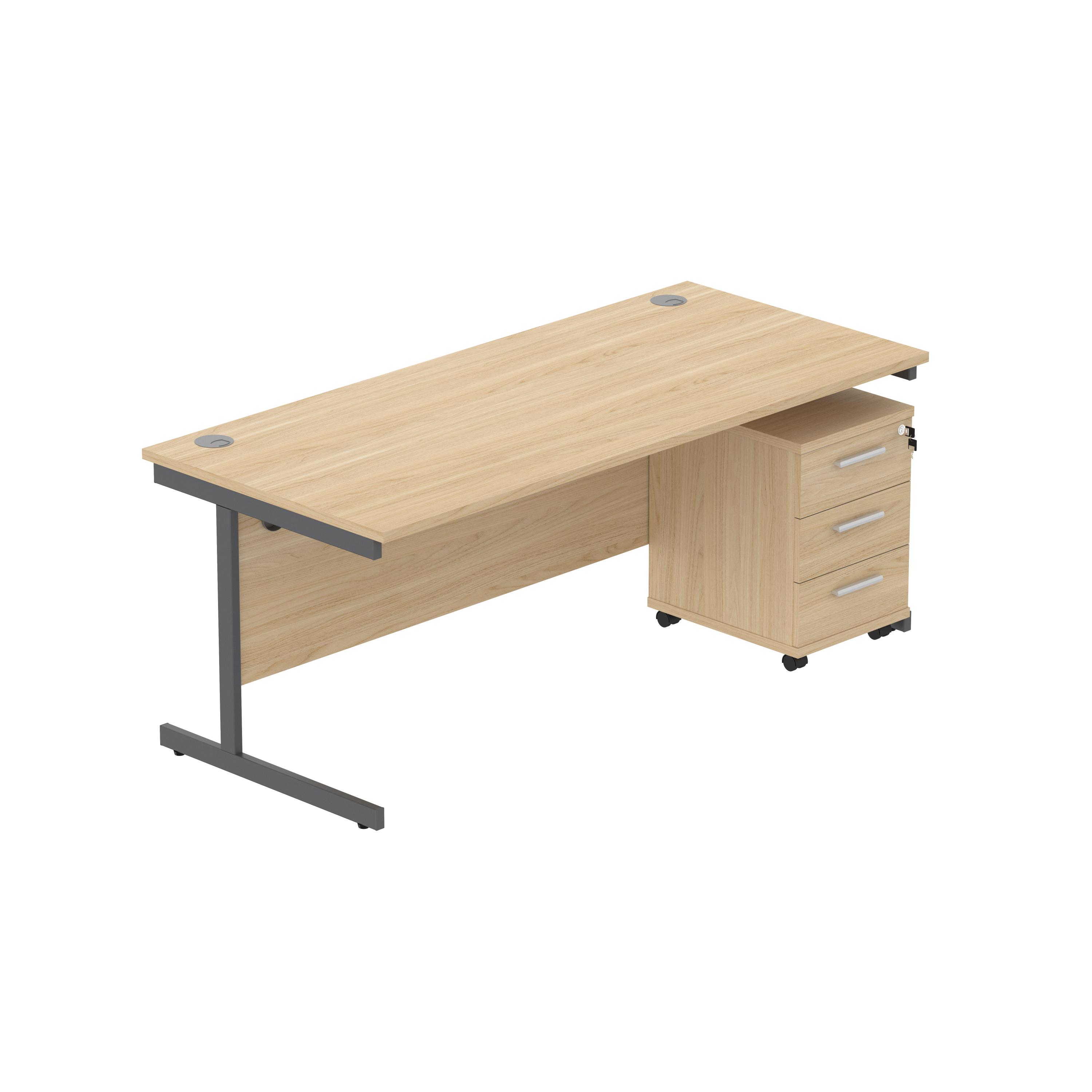 Single Upright Rectangular Desk + 3 Drawer Mobile Under Desk Pedestal (FSC) | 1800 X 800 | Canadian Oak/Graphite