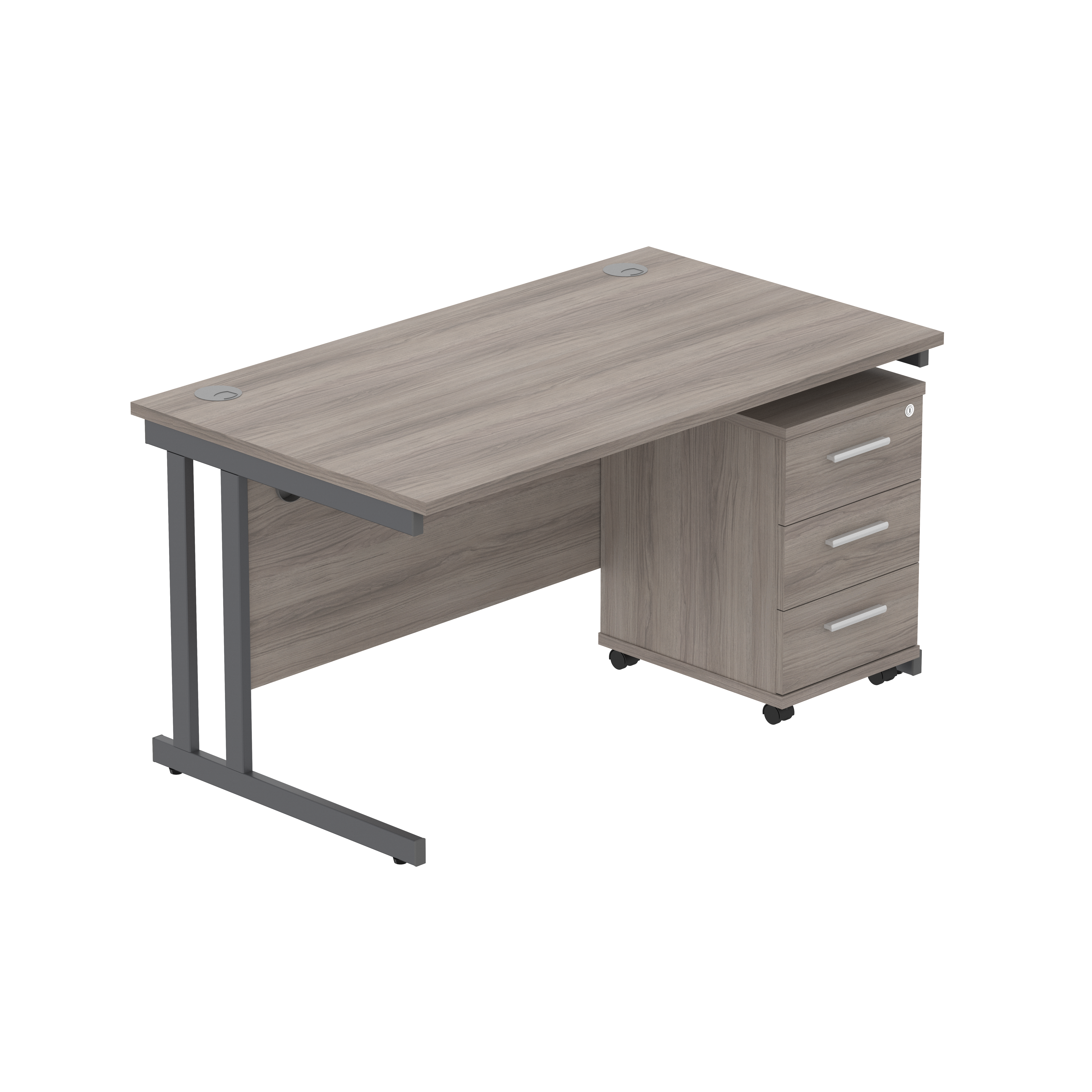 Double Upright Rectangular Desk + 3 Drawer Mobile Under Desk Pedestal (FSC) | 1400X800 | Alaskan Grey Oak/Graphite thumbnail 2