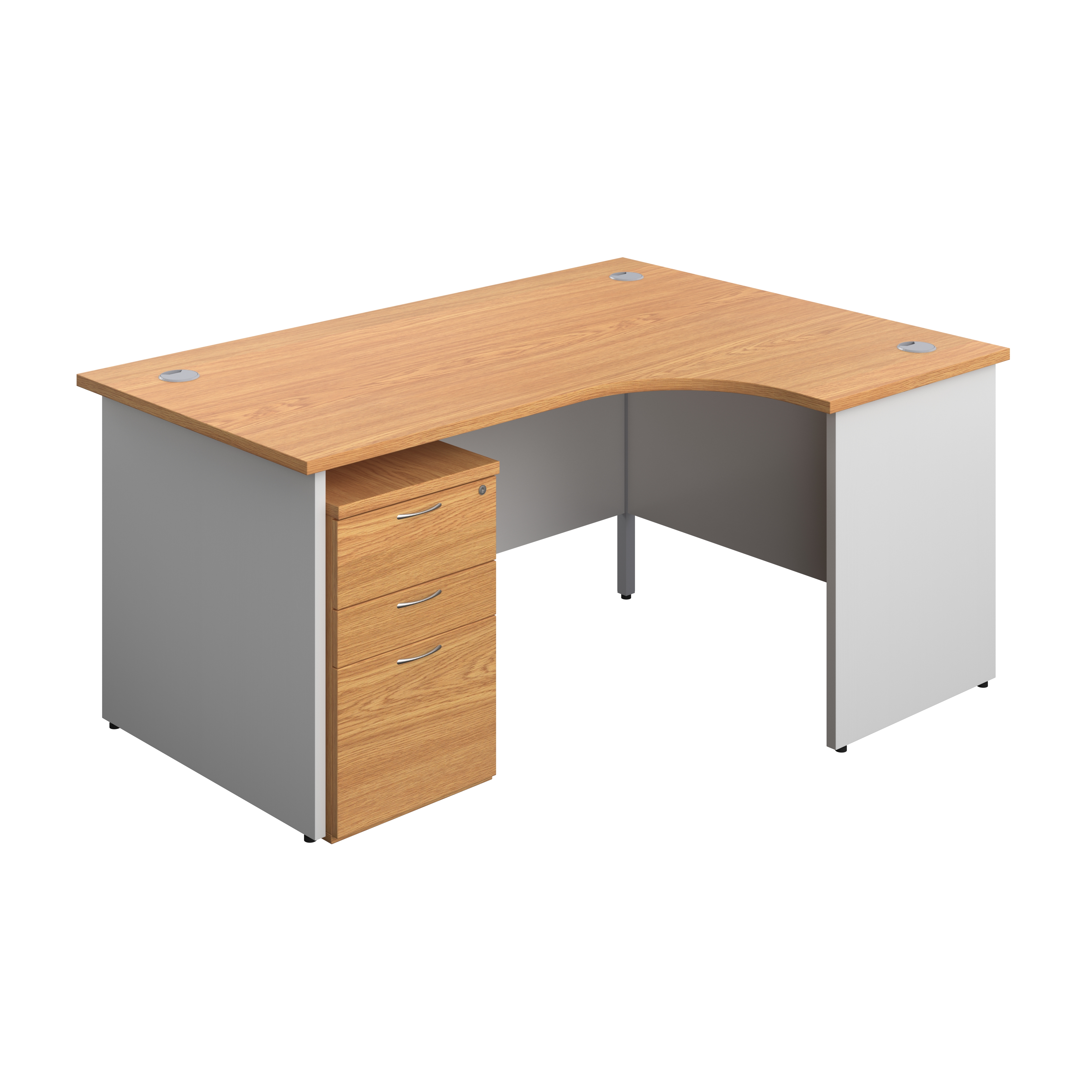 Panel Plus Right Radial Desk + 3 Drawer Under Desk Pedestal Bundle (FSC) | 1600X1200 | Nova Oak/White