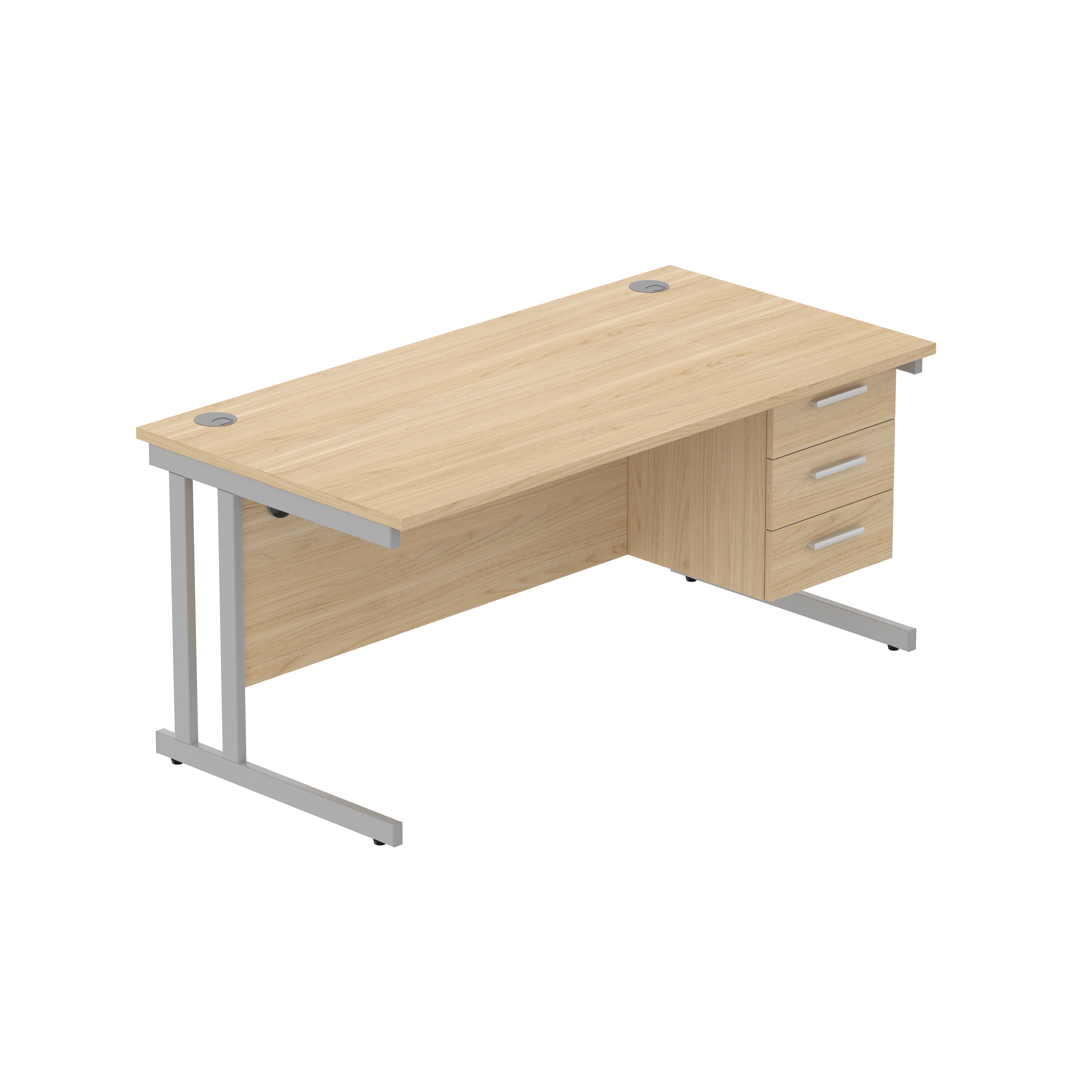 Office Rectangular Desk with Steel Double Upright Cantilever Legs + 3 Drawer Fixed Pedestal (FSC) | 1600X800 | Canadian Oak/Silver thumbnail 2