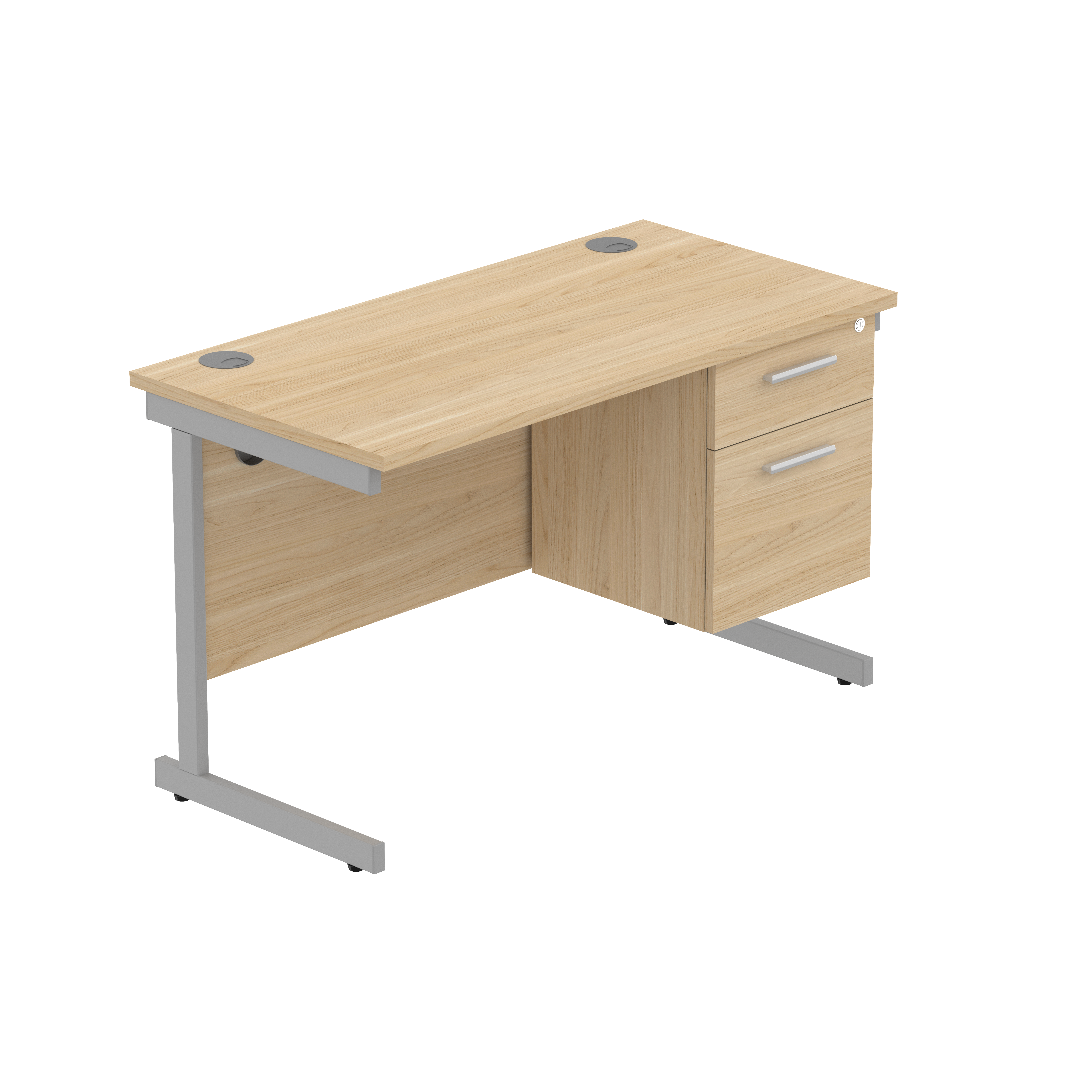 Office Rectangular Desk with Steel Single Upright Cantilever Legs + 2 Drawer Fixed Pedestal (FSC) | 1200X600 | Canadian Oak/Silver