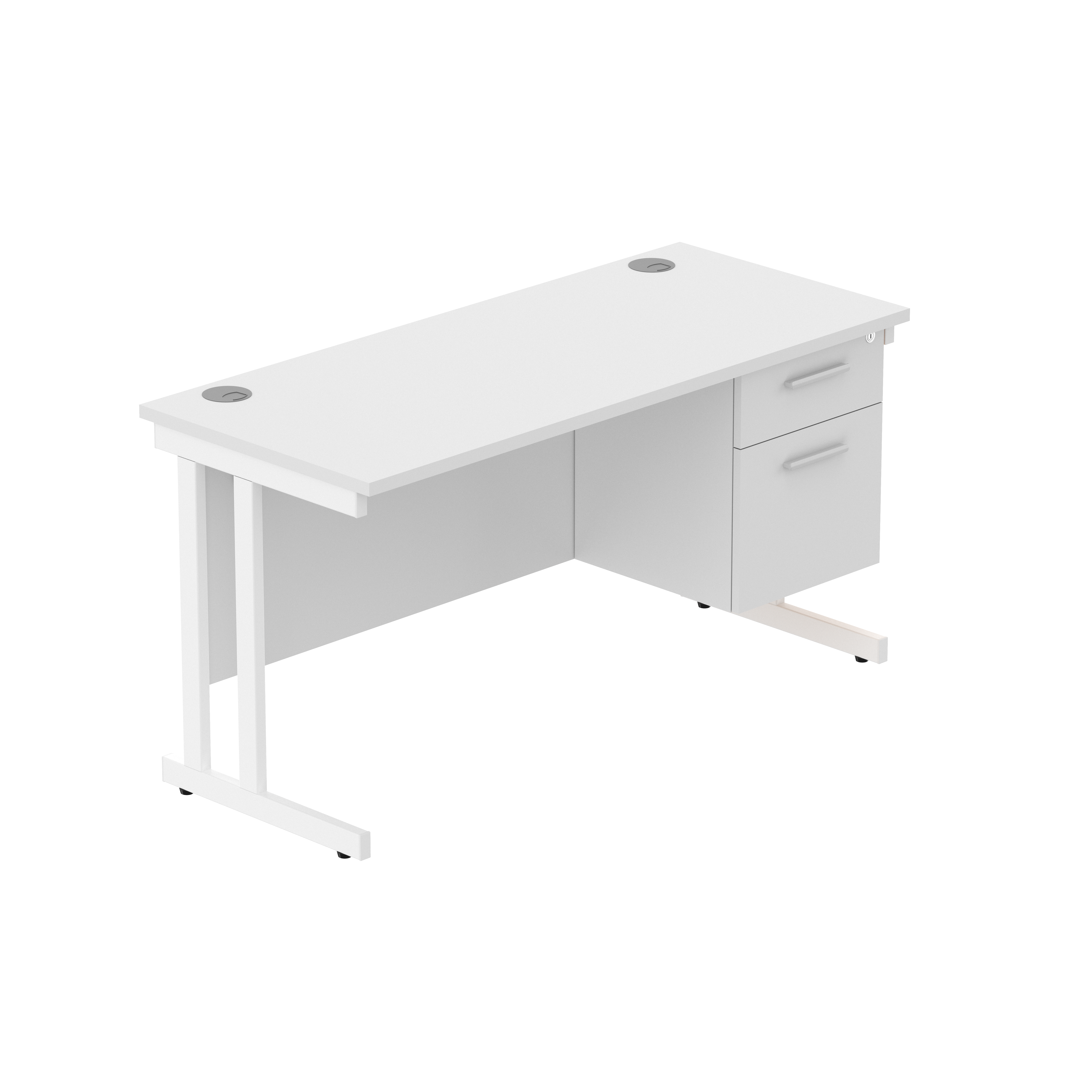 Office Rectangular Desk with Steel Double Upright Cantilever Legs + 2 Drawer Fixed Pedestal (FSC) | 1400X600 | Arctic White/White
