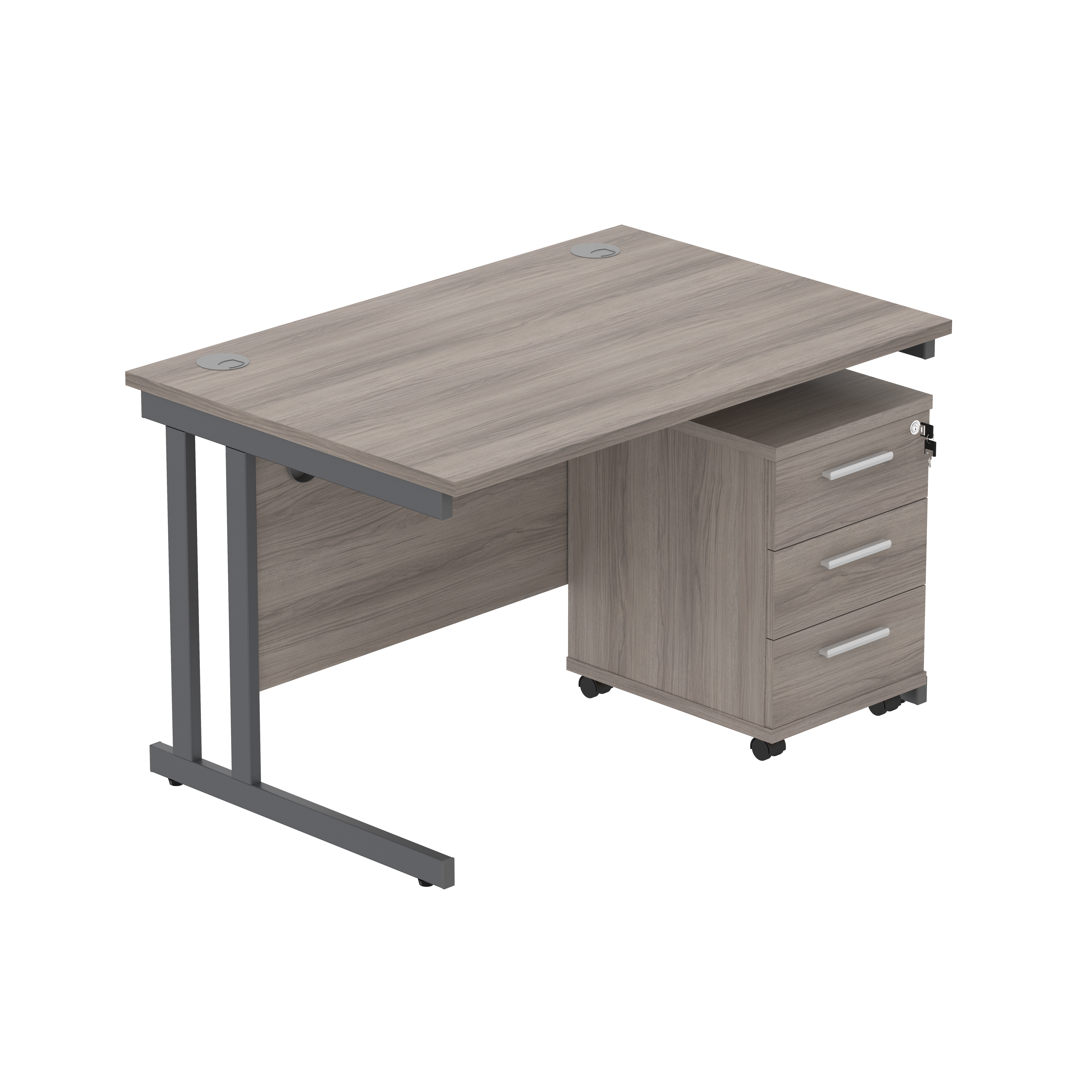 Double Upright Rectangular Desk + 3 Drawer Mobile Under Desk Pedestal (FSC) | 1200X800 | Alaskan Grey Oak/Graphite thumbnail 2