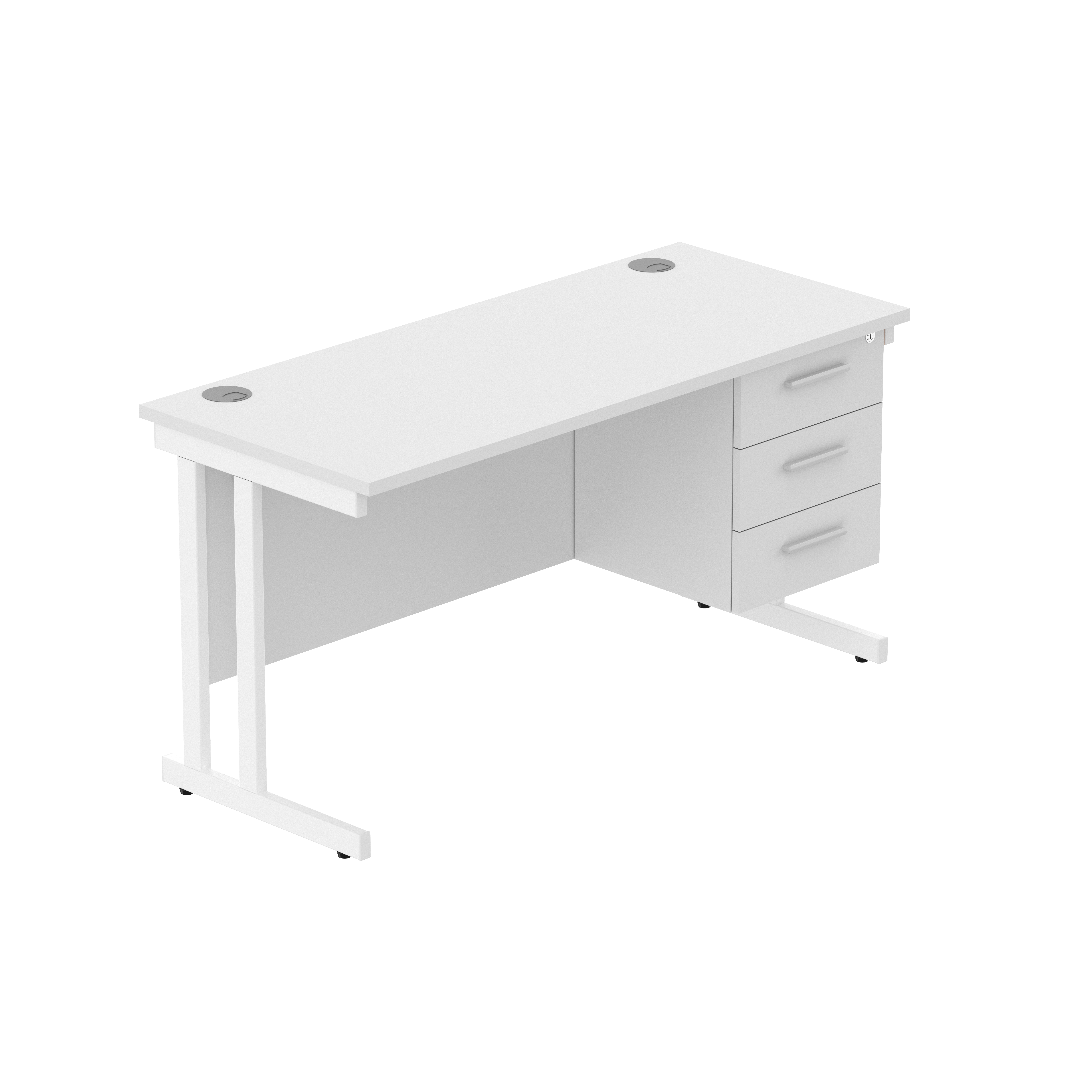 Office Rectangular Desk with Steel Double Upright Cantilever Legs + 3 Drawer Fixed Pedestal (FSC) | 1400X600 | Arctic White/White
