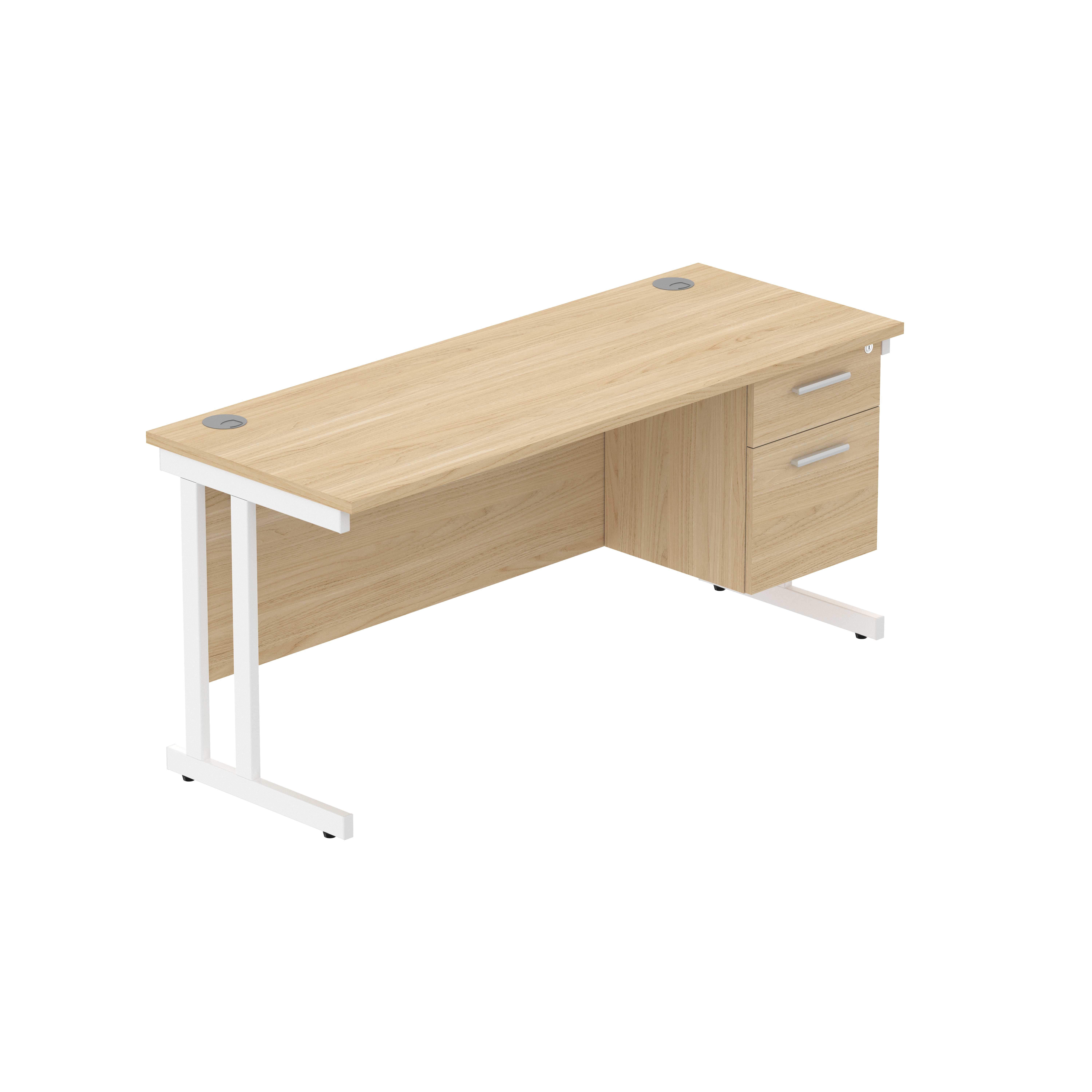 Office Rectangular Desk with Steel Double Upright Cantilever Legs + 2 Drawer Fixed Pedestal (FSC) | 1600X600 | Canadian Oak/White