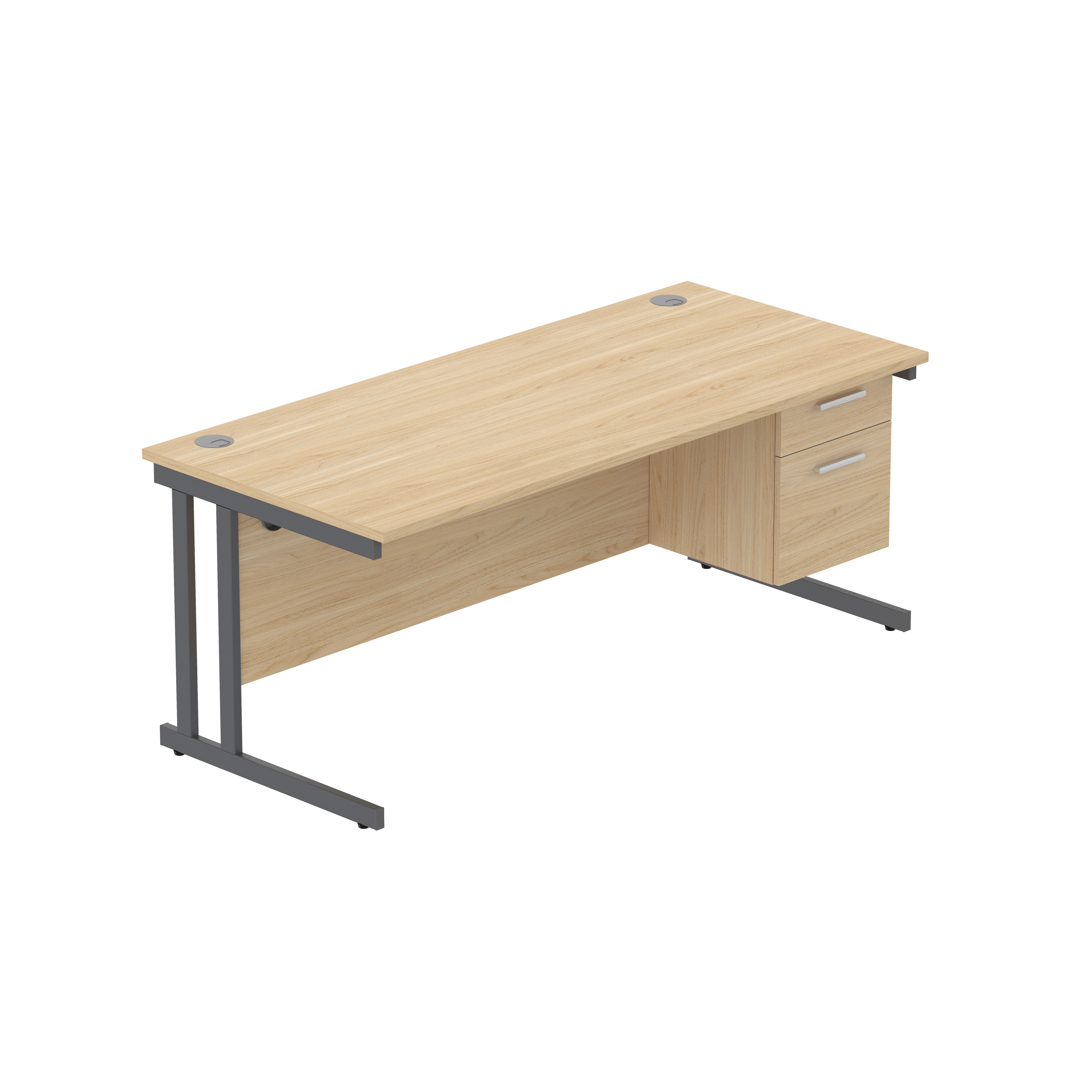Office Rectangular Desk with Steel Double Upright Cantilever Legs + 2 Drawer Fixed Pedestal (FSC) | 1800X800 | Canadian Oak/Graphite thumbnail 2