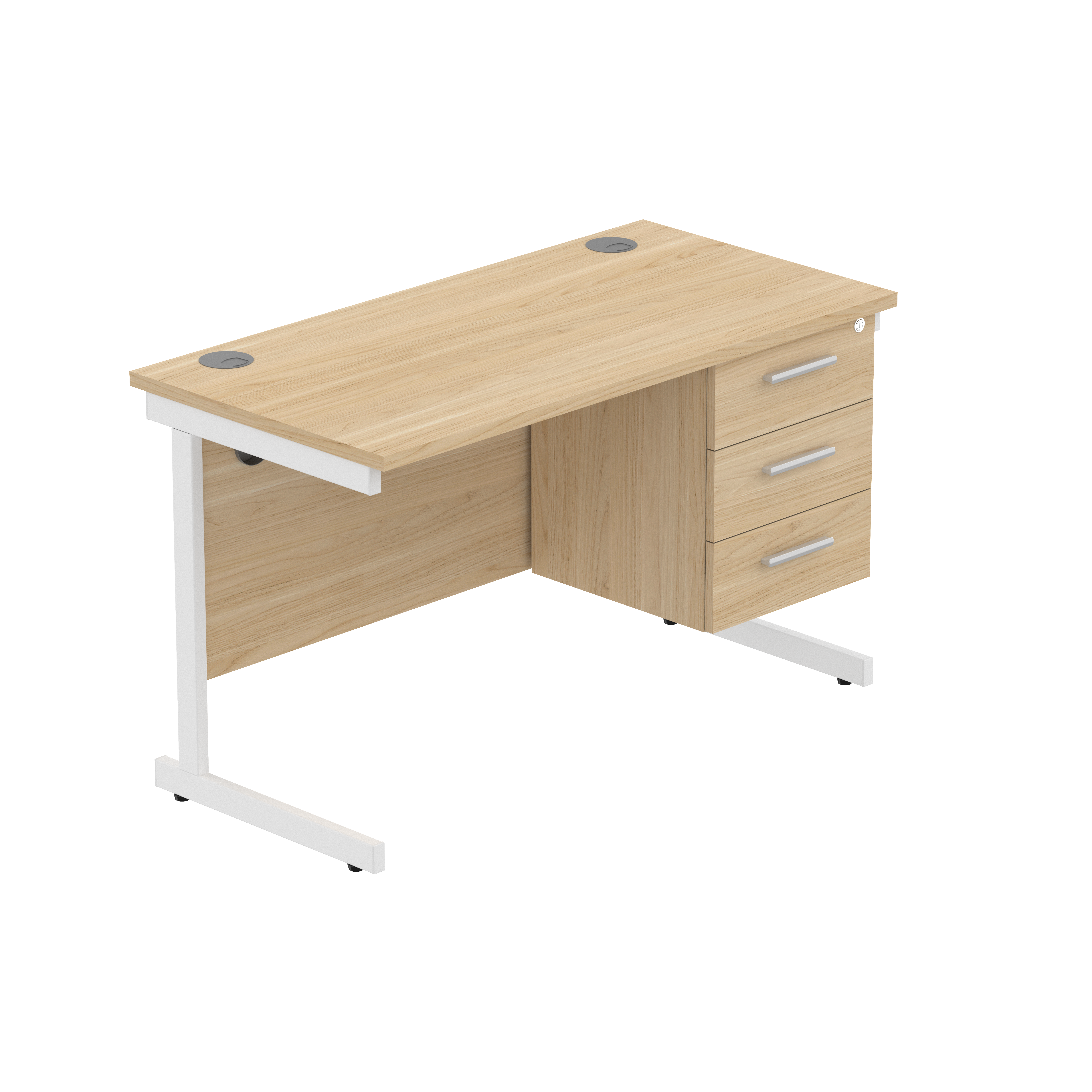 Office Rectangular Desk with Steel Single Upright Cantilever Legs + 3 Drawer Fixed Pedestal (FSC) | 1200X600 | Canadian Oak/White