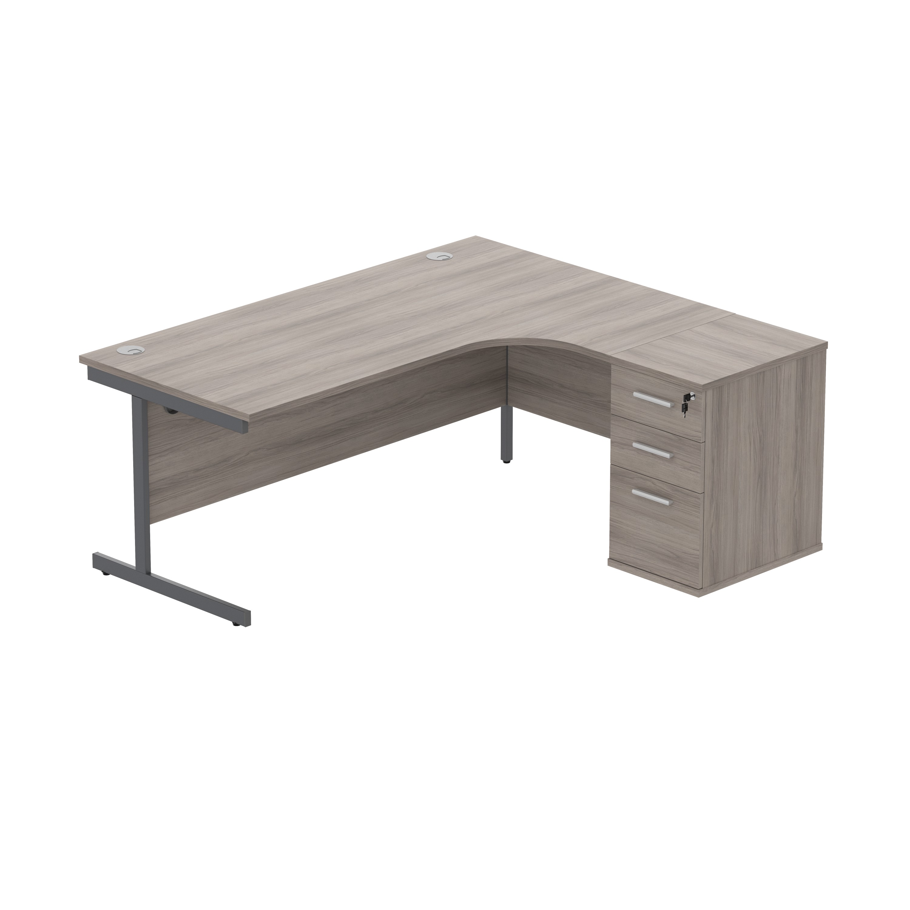 Single Upright Right Hand Radial Desk + Desk High Pedestal (FSC) | 600mm Deep Pedestal | 1800 X 1200 | Alaskan Grey Oak/Graphite