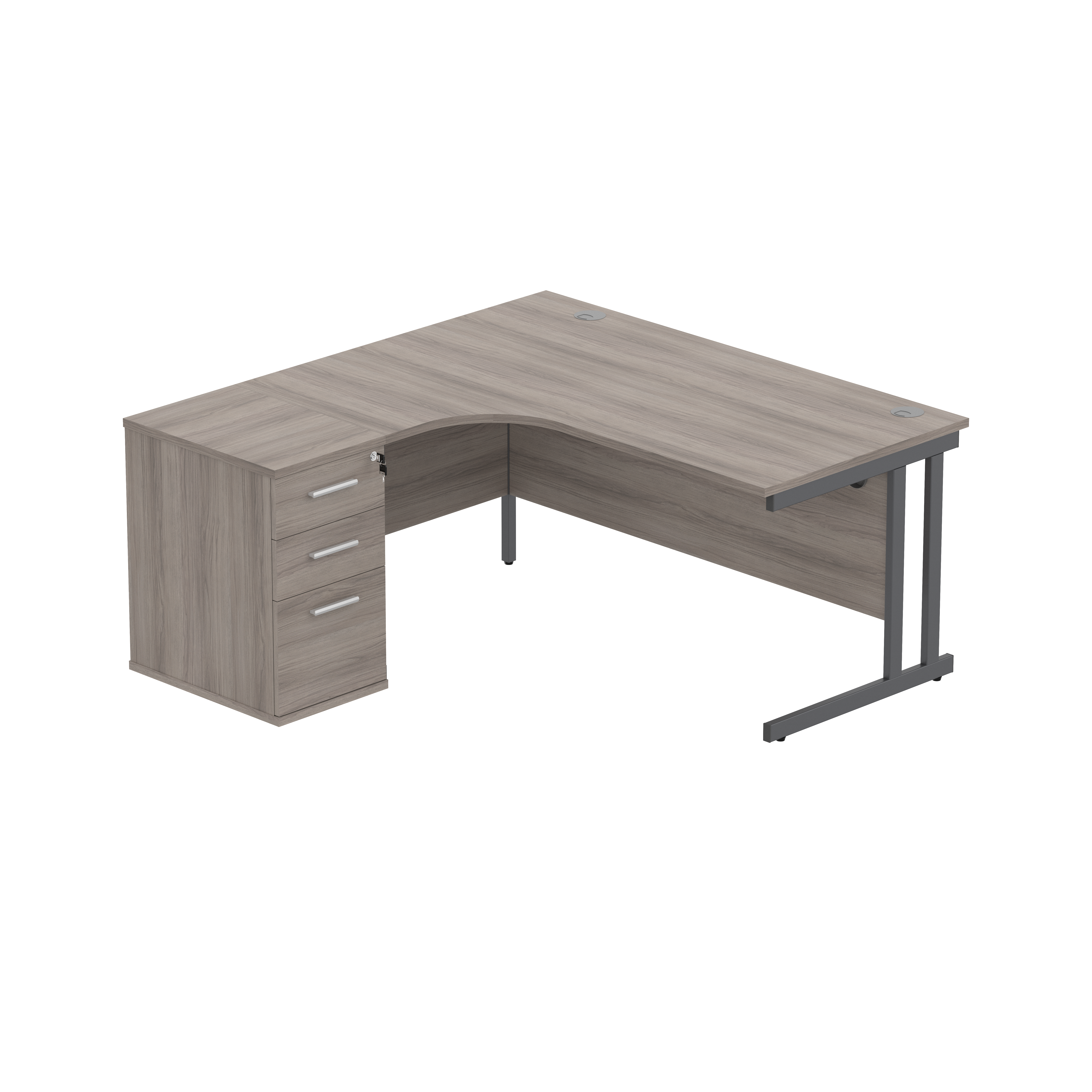 Double Upright Left Hand Radial Desk + Desk High Pedestal (FSC) | 600mm Deep Pedestal | 1600X1200 | Alaskan Grey Oak/Graphite