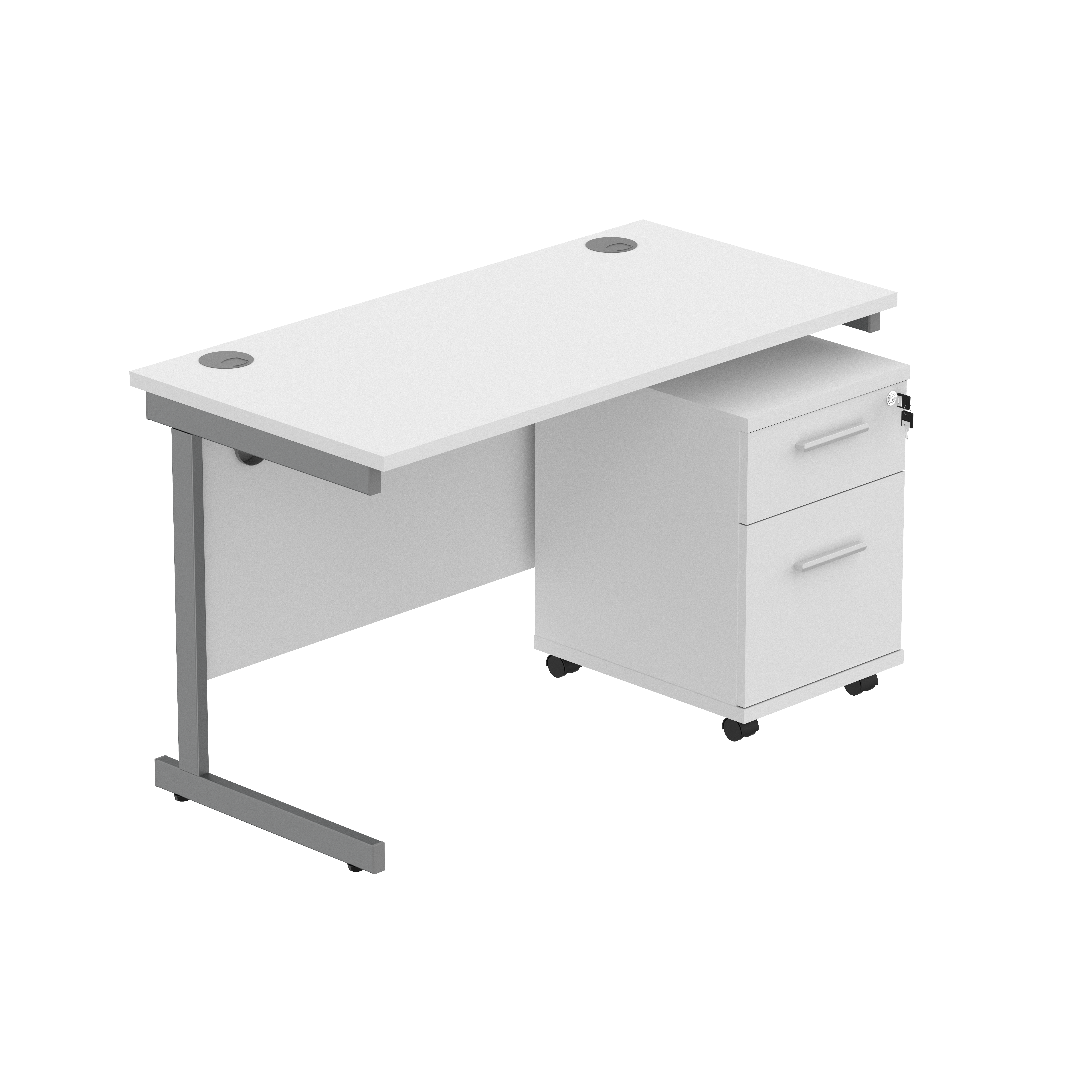 Single Upright Rectangular Desk + 2 Drawer Mobile Under Desk Pedestal (FSC) | 1200 X 600 | Arctic White/Graphite