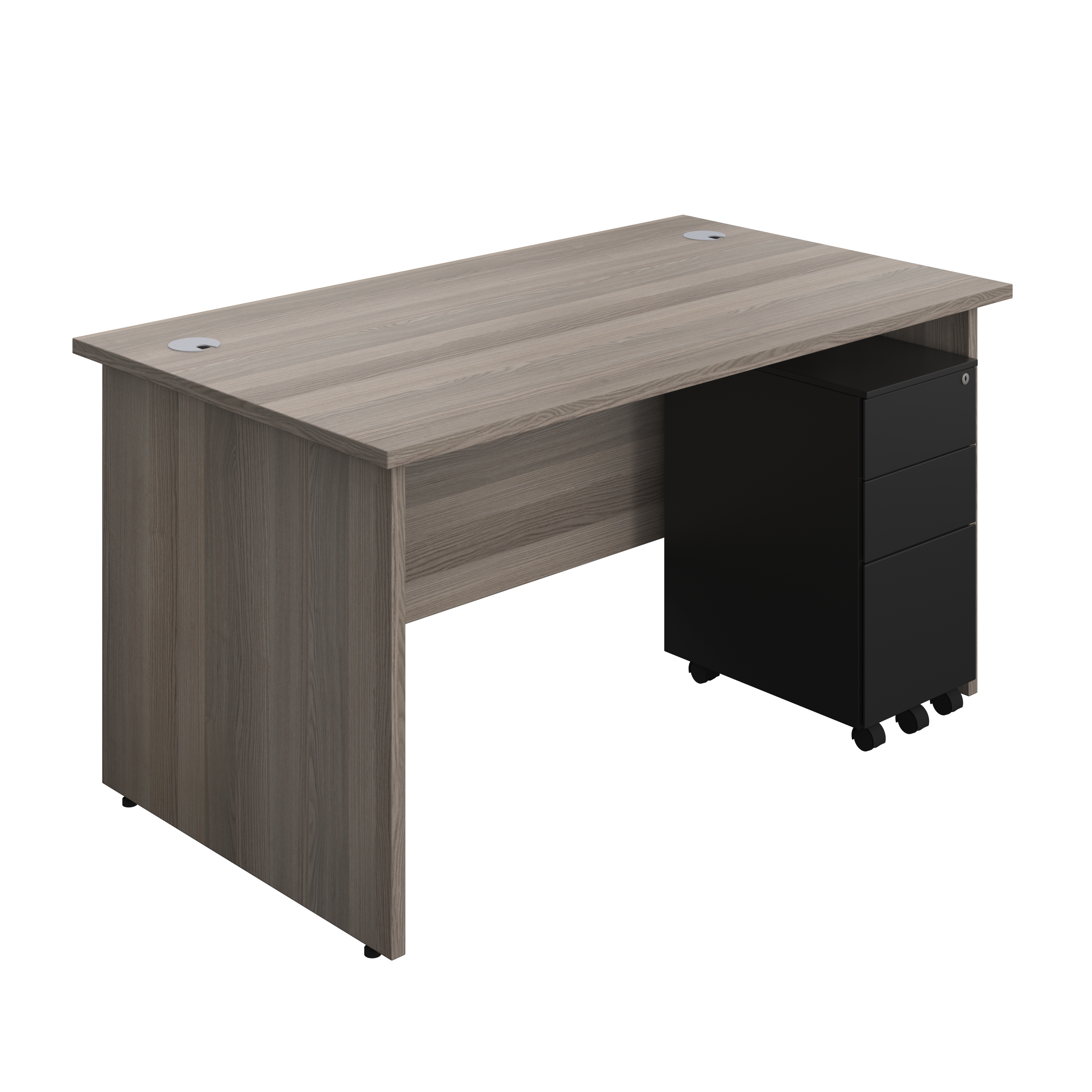 Panel Rectangular Desk + 3 Drawer Slimline Steel Pedestal Bundle (FSC) | 1400X800 | Grey Oak/Black